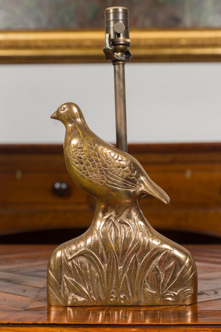 Pair of Vintage American Midcentury Bronze Quail Table Lamps on Foliage