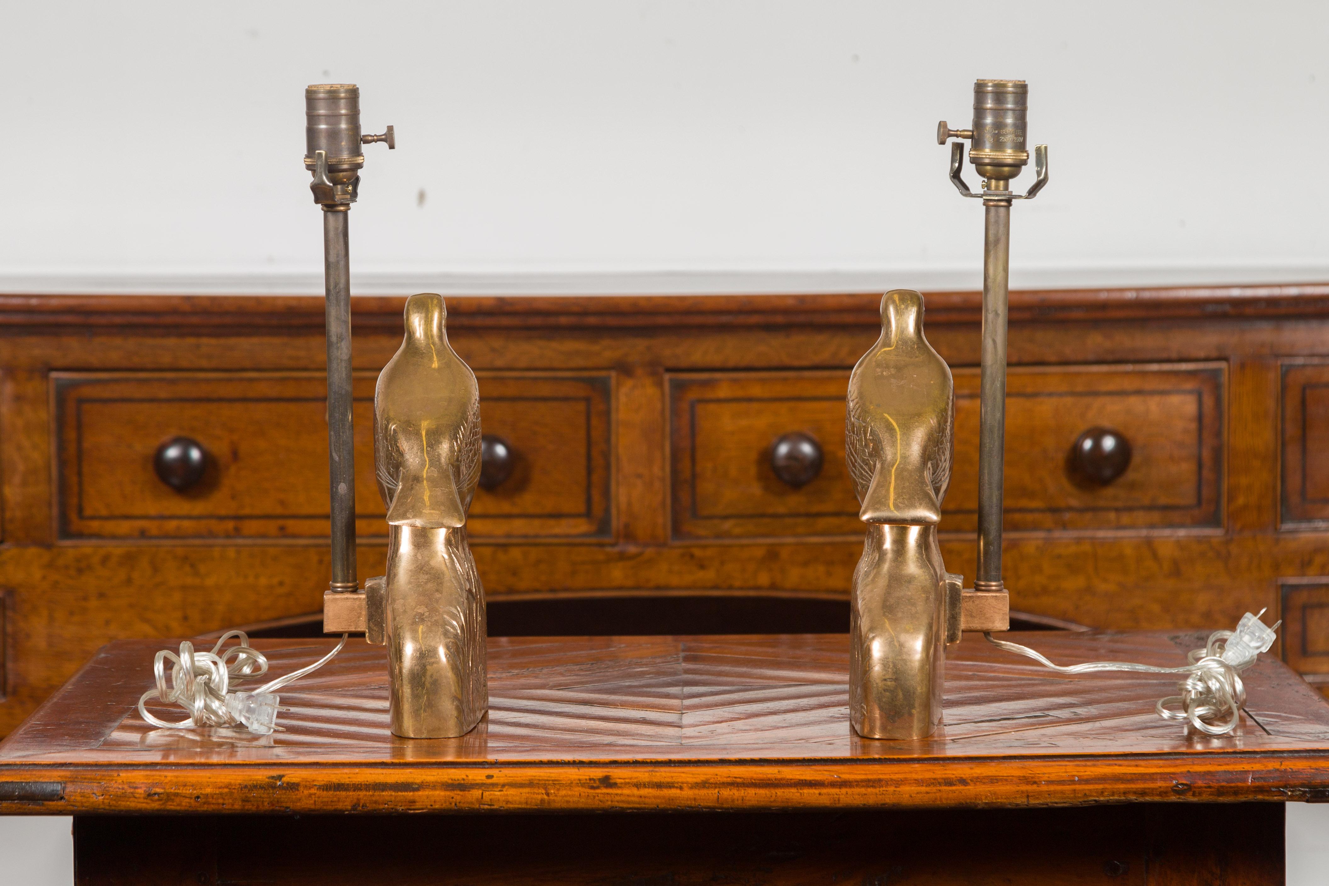 Pair of Vintage American Midcentury Bronze Quail Table Lamps on Foliage Bases 1