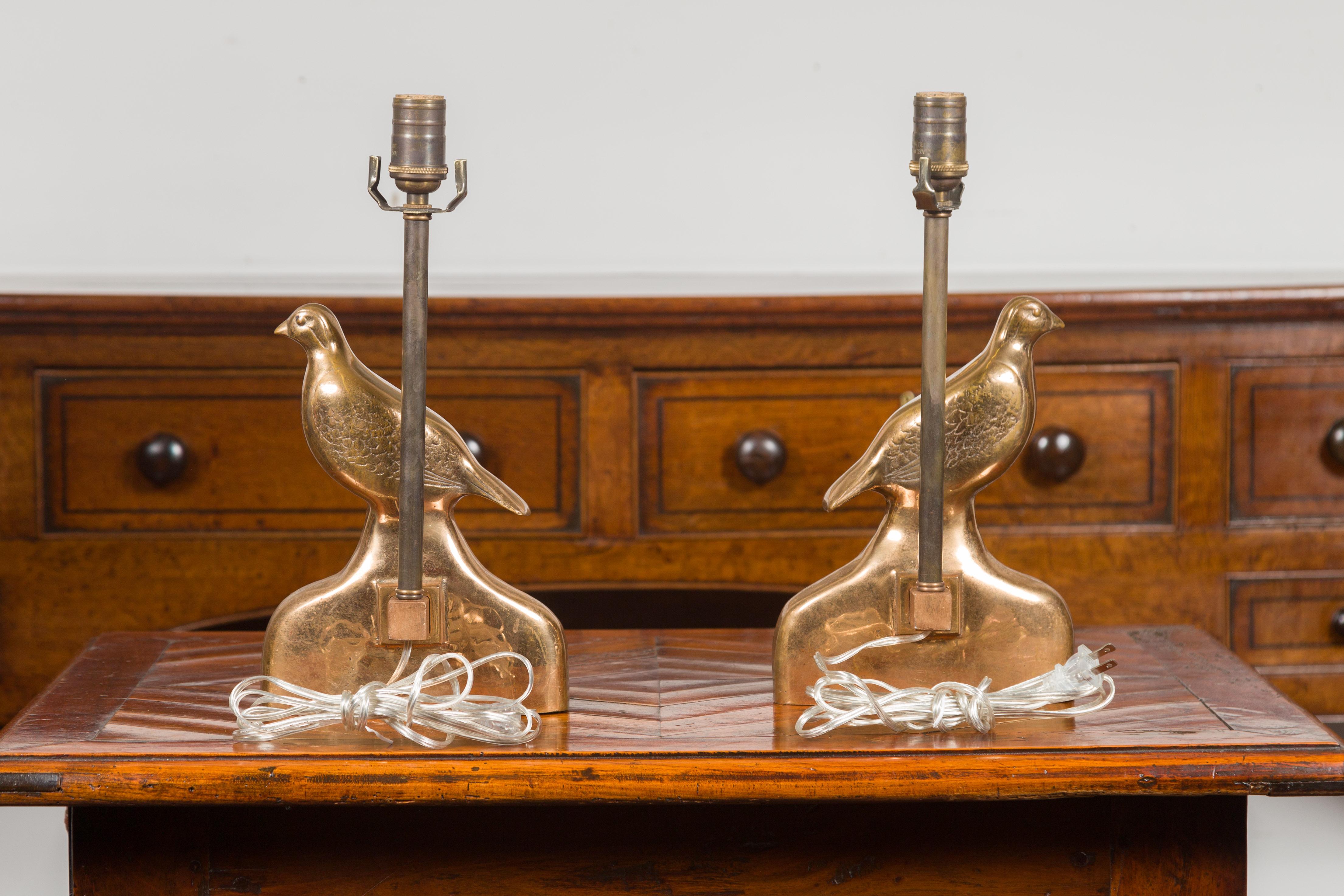 Pair of Vintage American Midcentury Bronze Quail Table Lamps on Foliage Bases 2