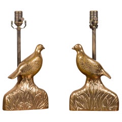 Pair of Vintage American Midcentury Bronze Quail Table Lamps on Foliage Bases