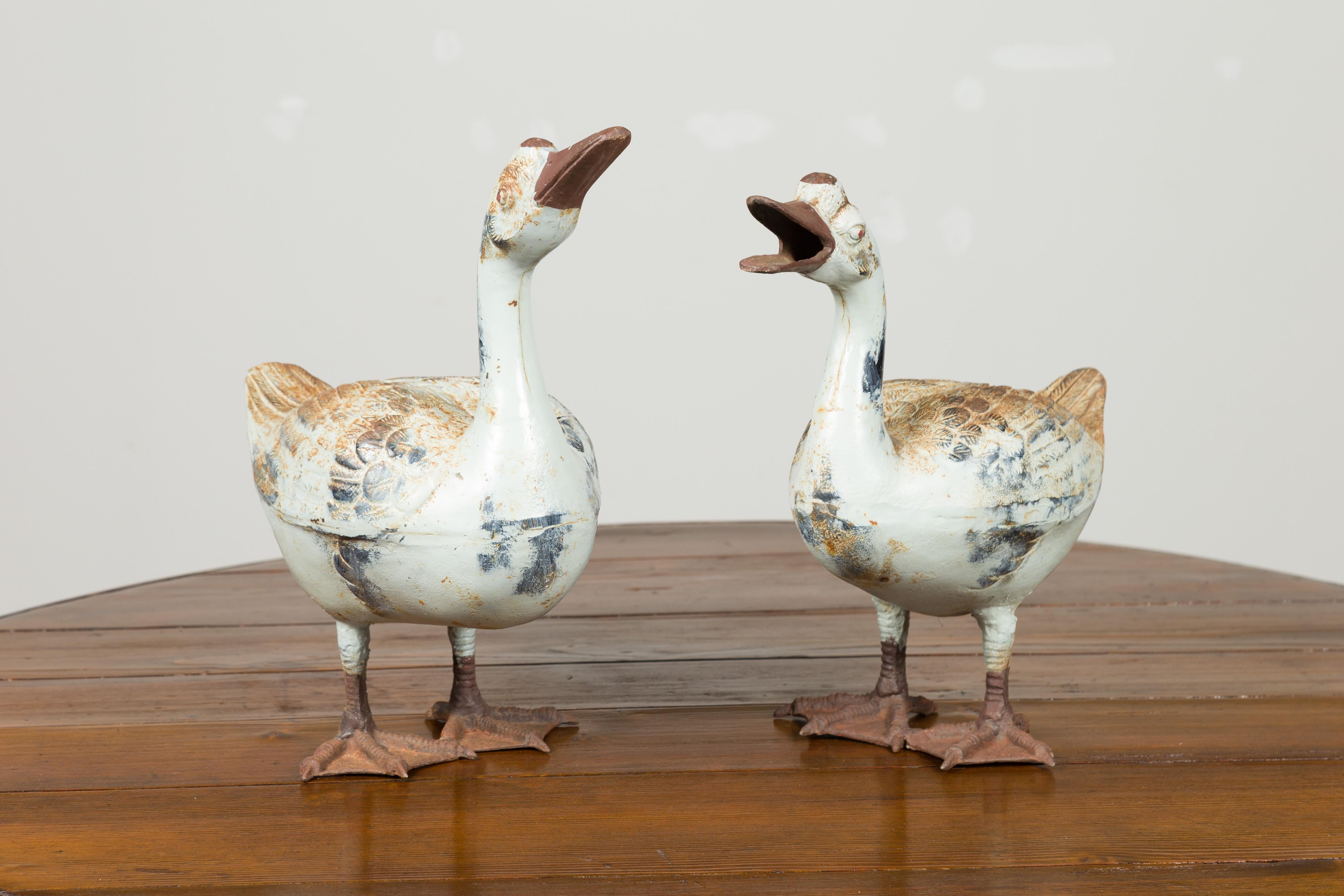 Pair of Vintage American Midcentury Iron Duck Sculptures with Weathered Patina In Good Condition In Atlanta, GA