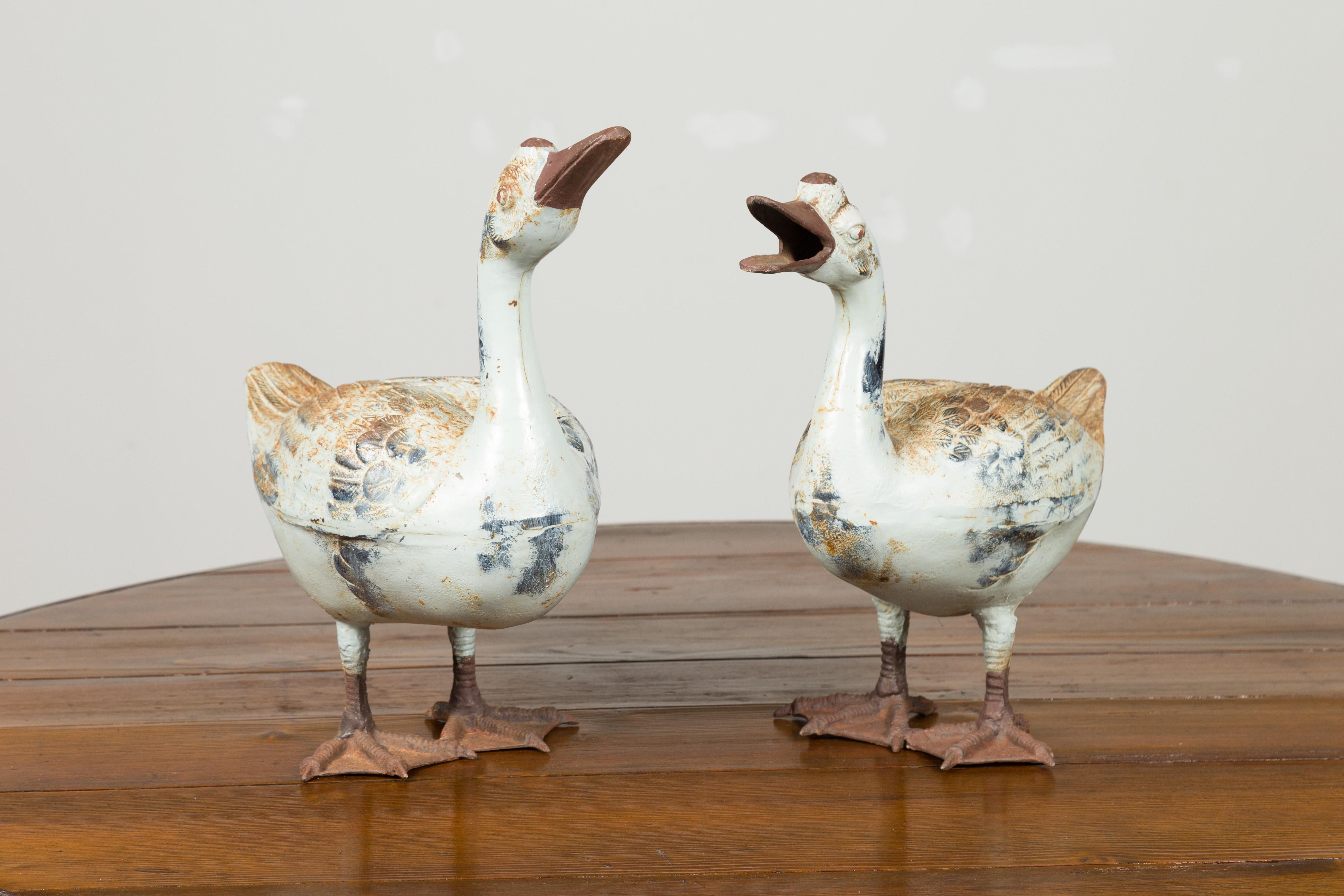 Pair of Vintage American Midcentury Iron Duck Sculptures with Weathered Patina In Good Condition For Sale In Atlanta, GA