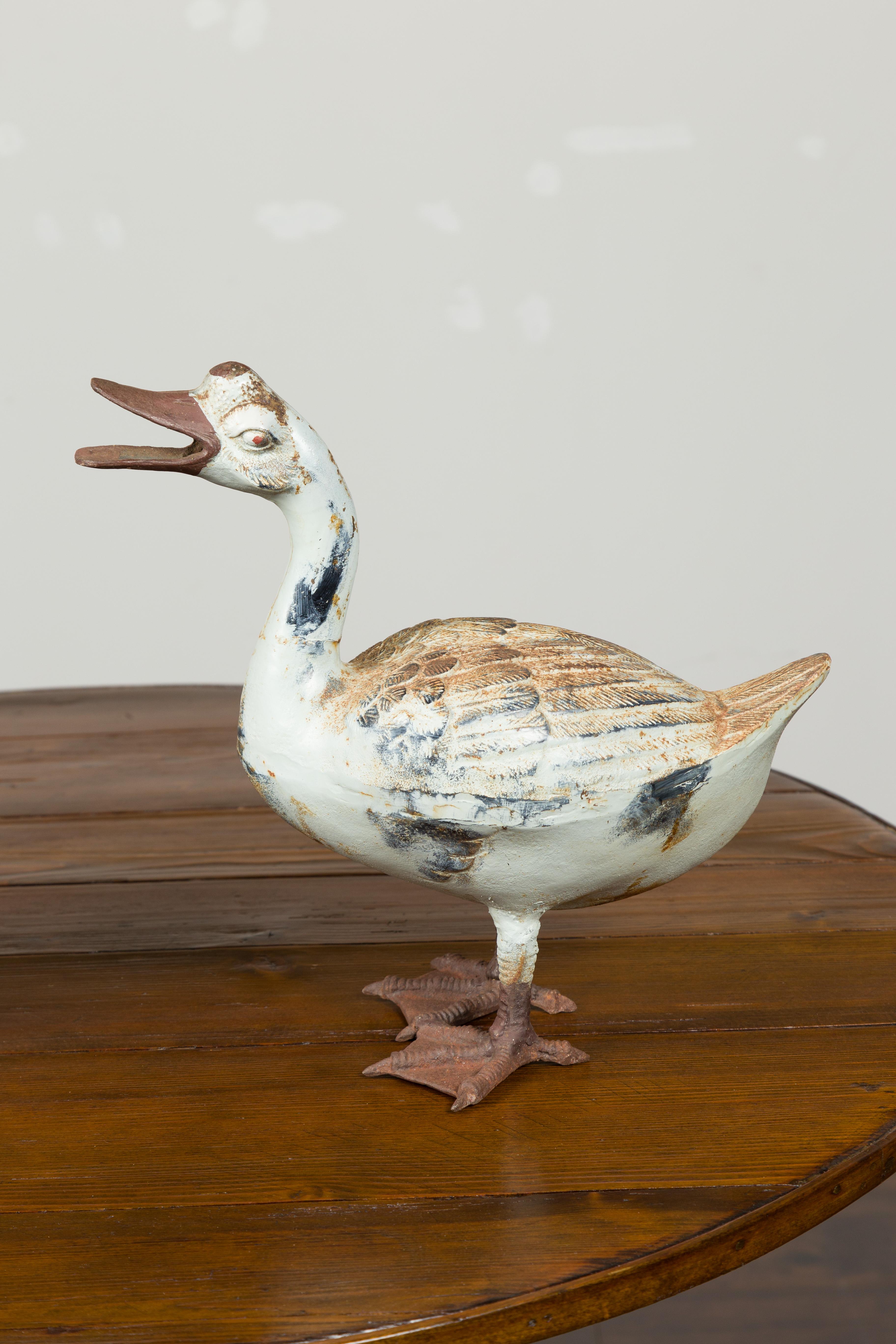 Pair of Vintage American Midcentury Iron Duck Sculptures with Weathered Patina For Sale 1