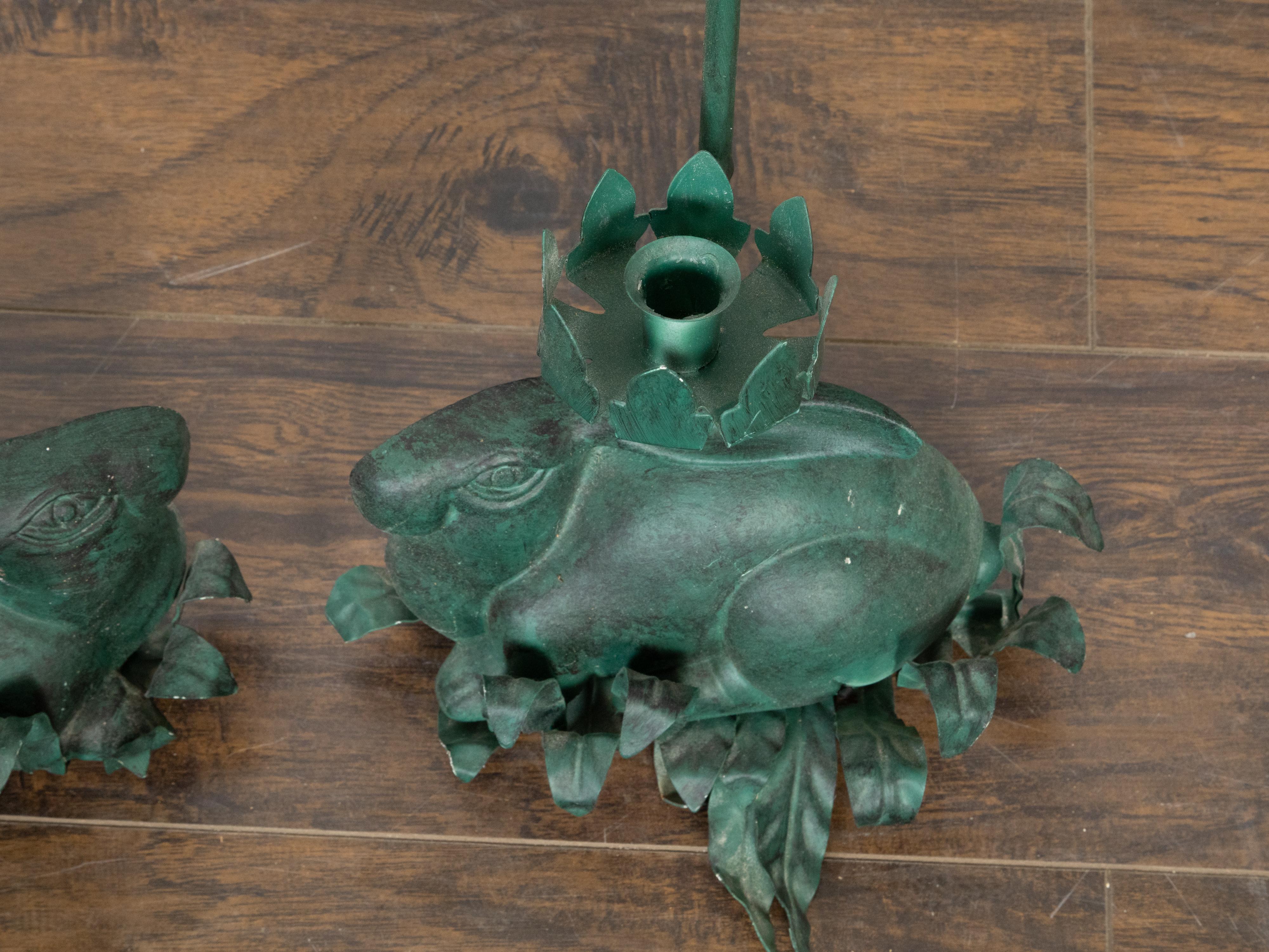 Pair of Vintage American Midcentury Iron Rabbit Candle Holders with Green Patina For Sale 3