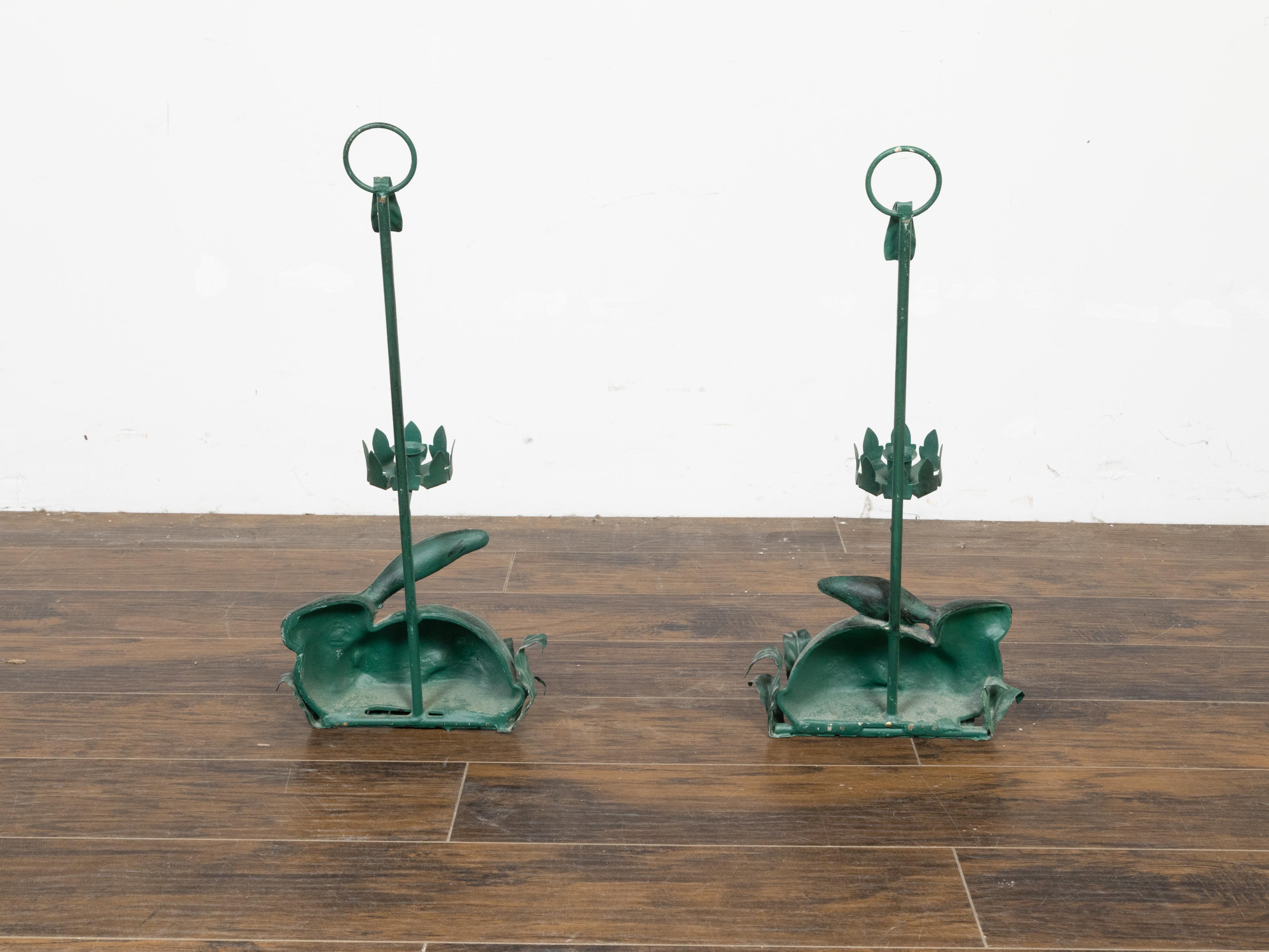 Mid-Century Modern Pair of Vintage American Midcentury Iron Rabbit Candle Holders with Green Patina For Sale