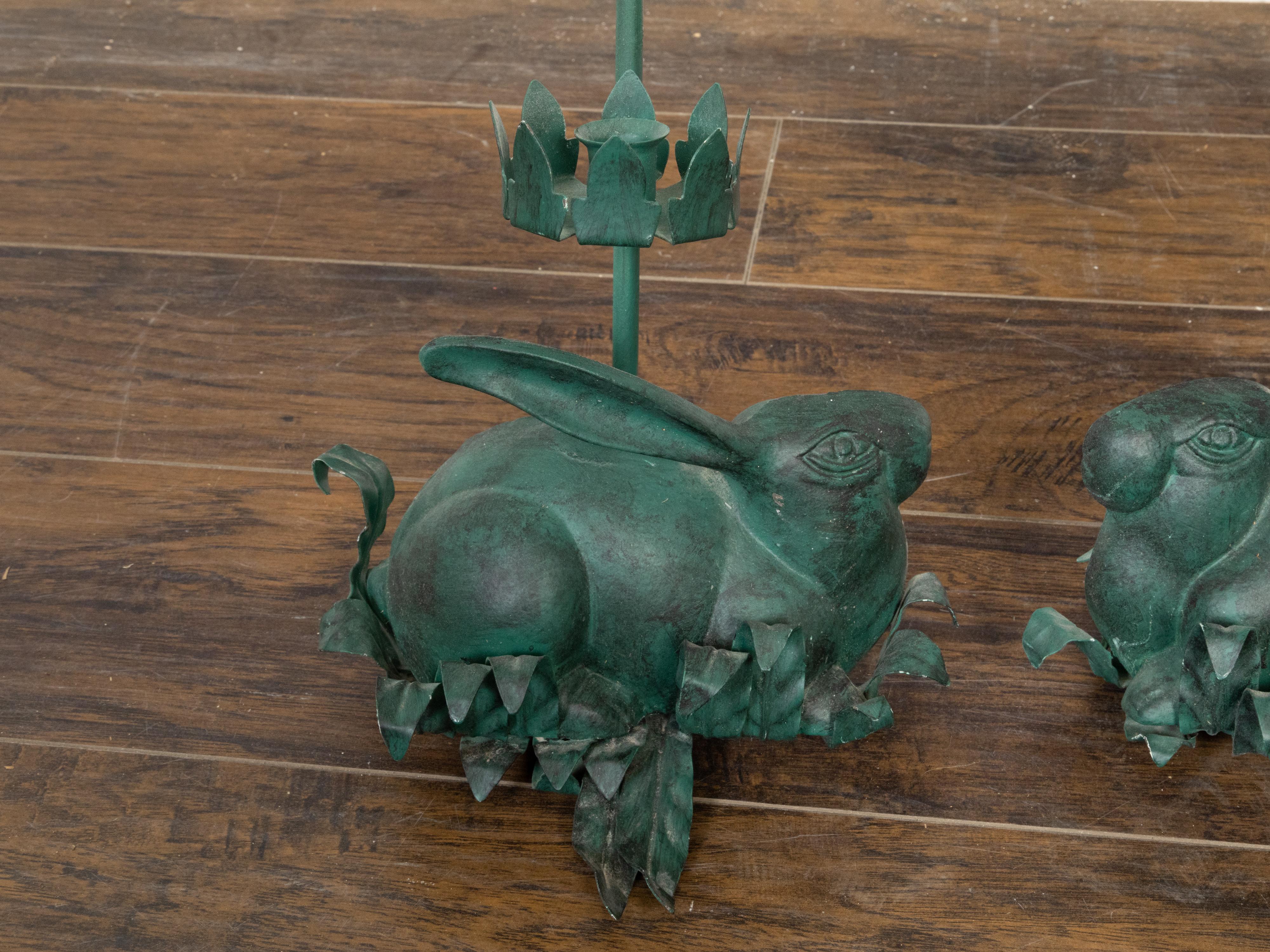 Patinated Pair of Vintage American Midcentury Iron Rabbit Candle Holders with Green Patina For Sale