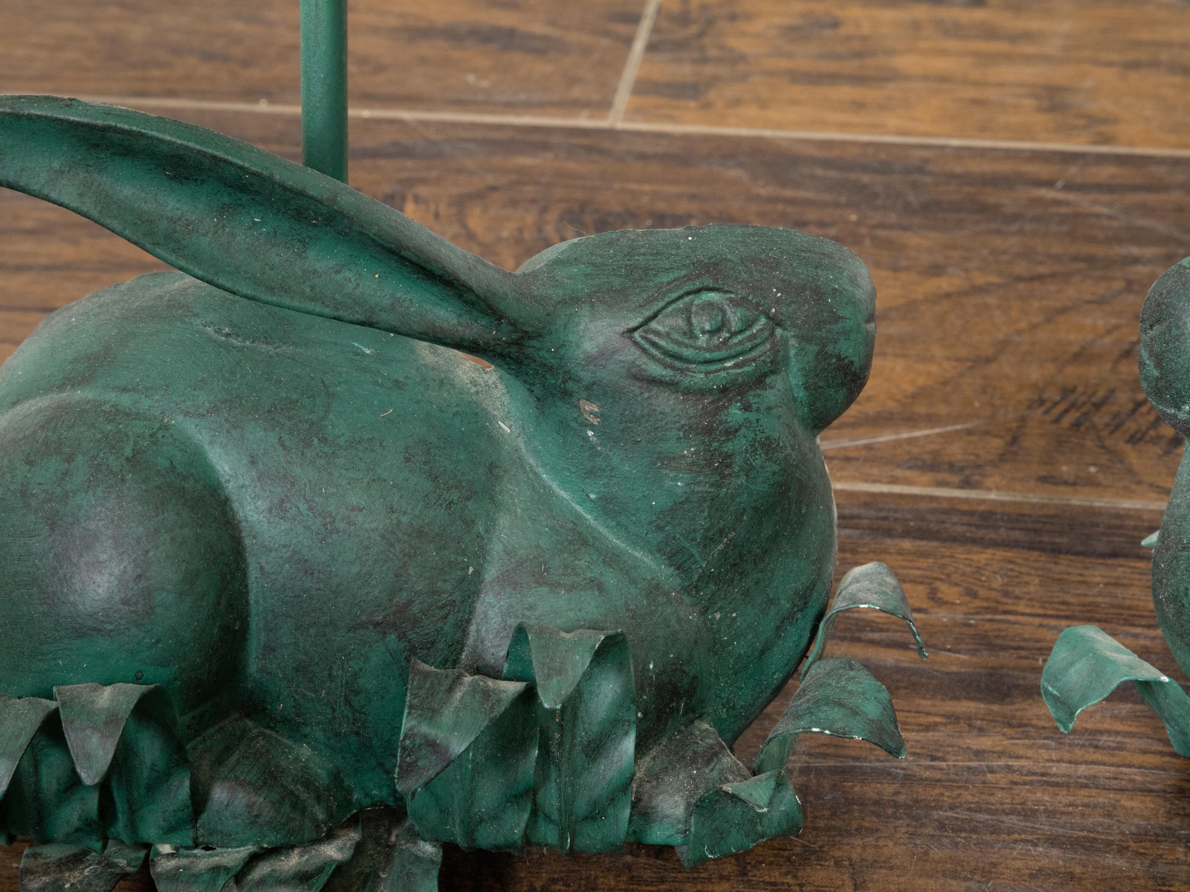 Pair of Vintage American Midcentury Iron Rabbit Candle Holders with Green Patina In Good Condition For Sale In Atlanta, GA