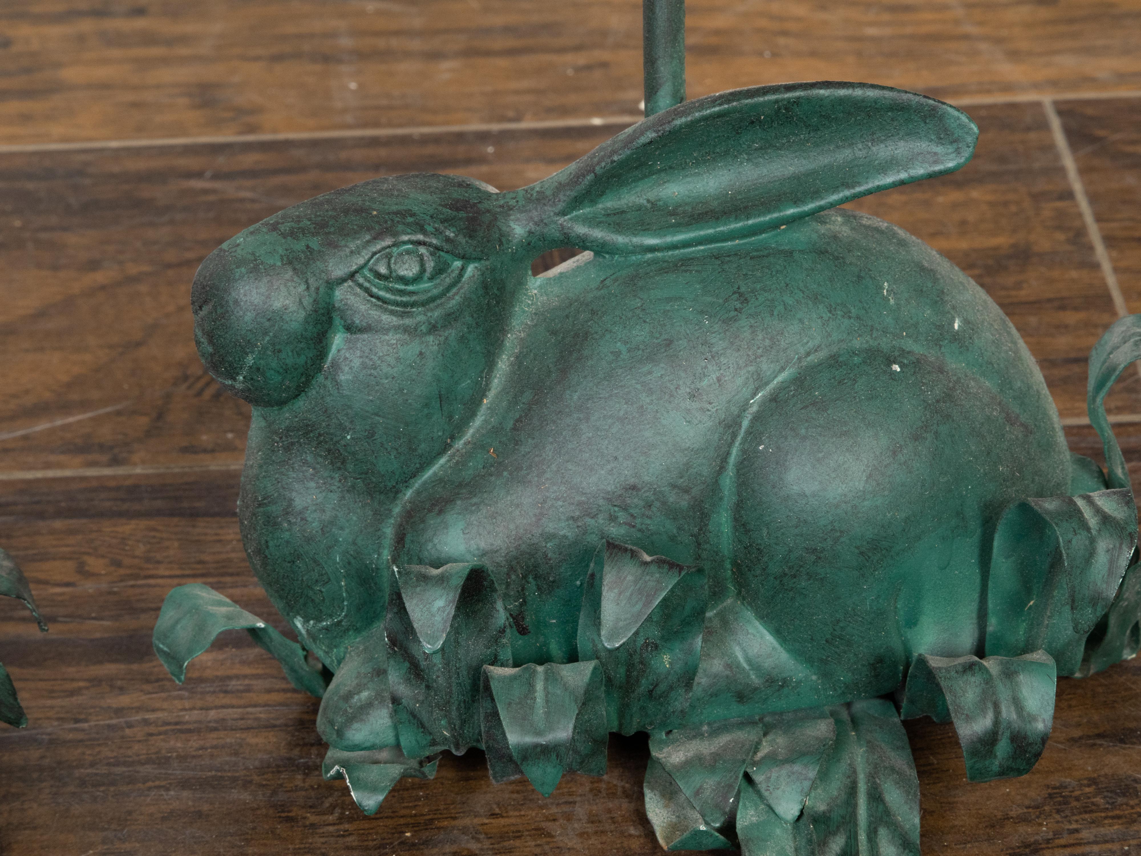20th Century Pair of Vintage American Midcentury Iron Rabbit Candle Holders with Green Patina For Sale
