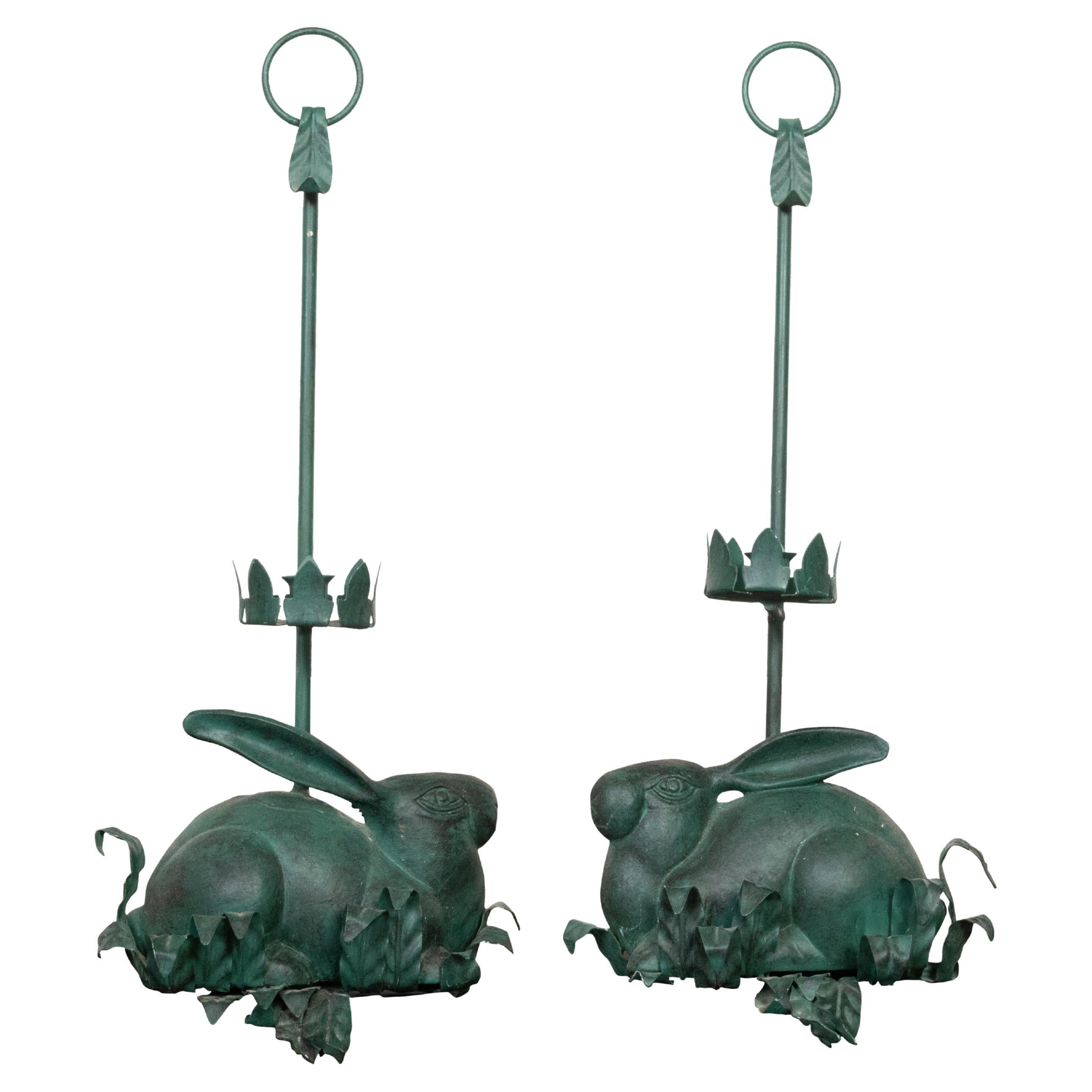 Pair of Vintage American Midcentury Iron Rabbit Candle Holders with Green Patina For Sale
