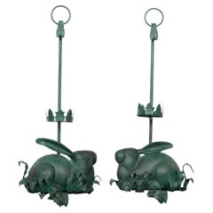 Pair of Vintage American Midcentury Iron Rabbit Candle Holders with Green Patina