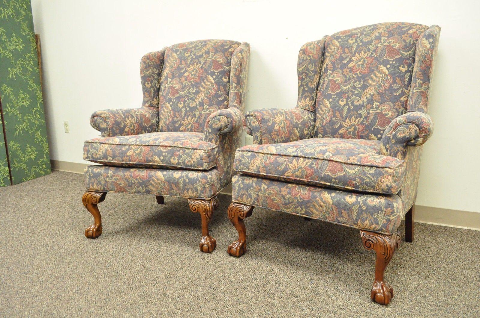 Pair of Vintage American of High Point Chippendale Ball & Claw Wing Back Chairs 4