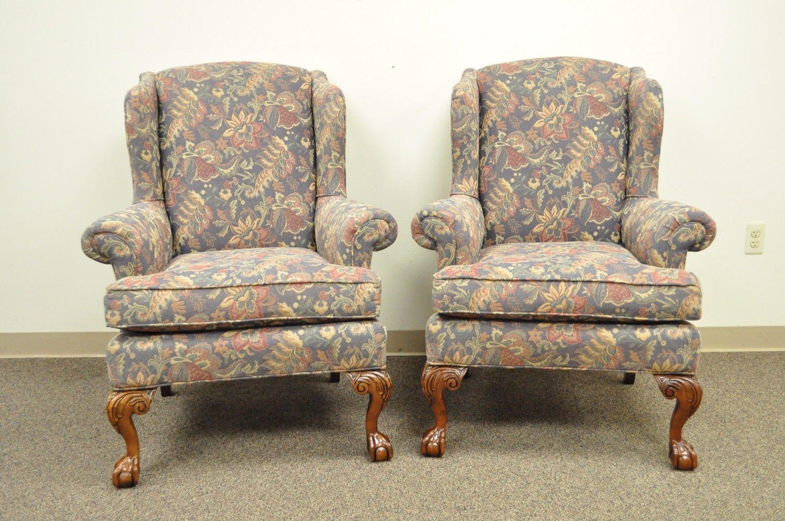 Pair of vintage American made high quality Chippendale style solid mahogany ball and claw wingback chairs by American of high point, circa late 20th century, USA. Measurements: 44