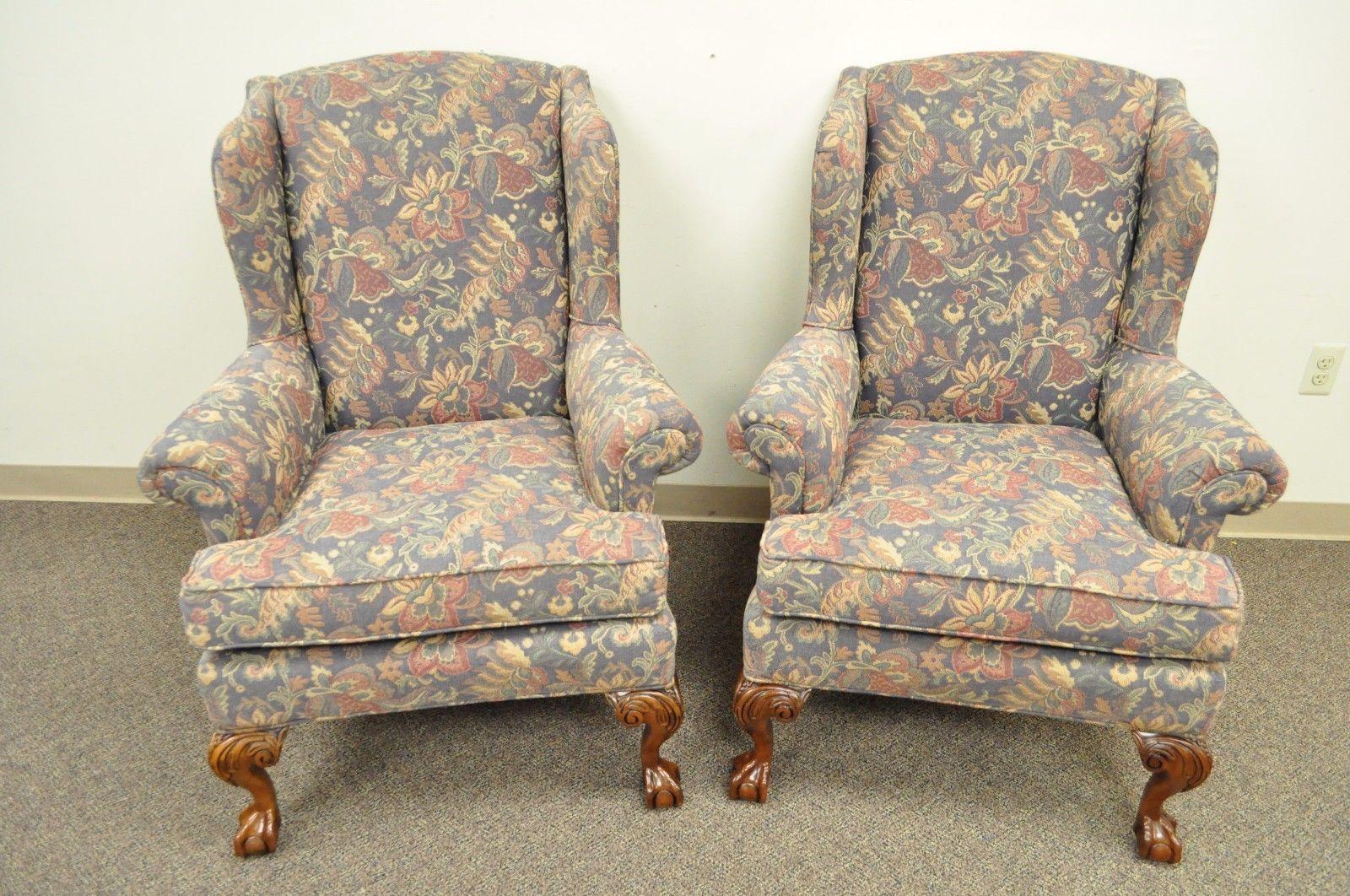 Pair of Vintage American of High Point Chippendale Ball & Claw Wing Back Chairs In Good Condition In Philadelphia, PA