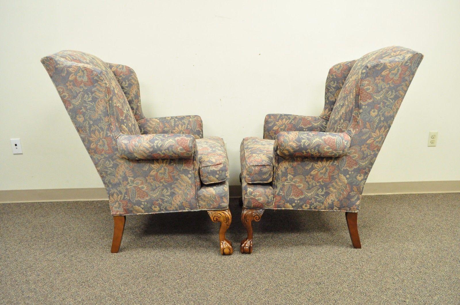 Pair of Vintage American of High Point Chippendale Ball & Claw Wing Back Chairs 1