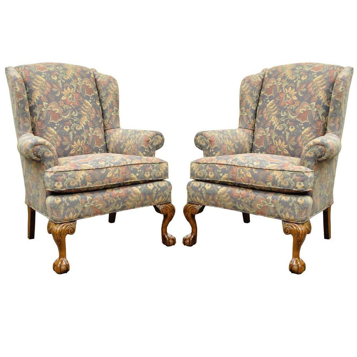 Pair of Vintage American of High Point Chippendale Ball & Claw Wing Back Chairs