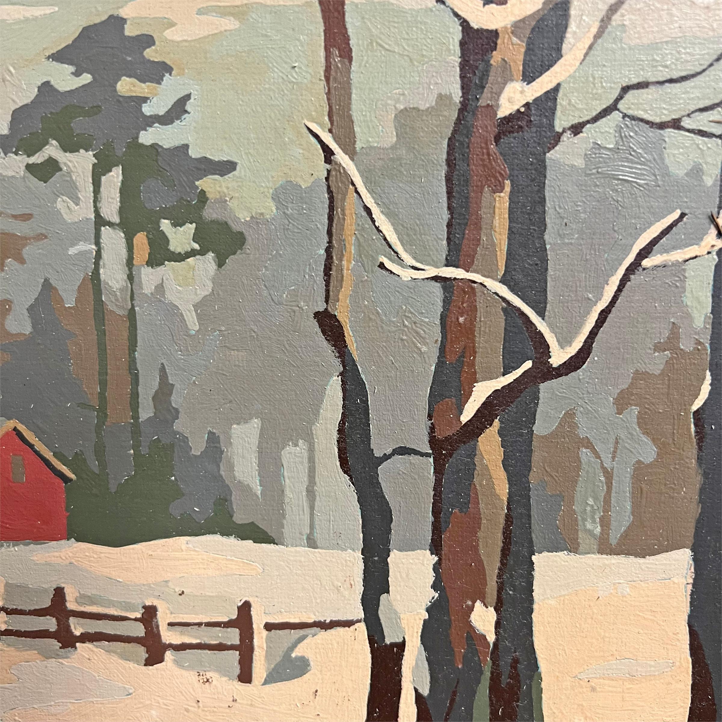 Pair of Vintage American Paint-By-Number Winter Landscape Paintings For Sale 5