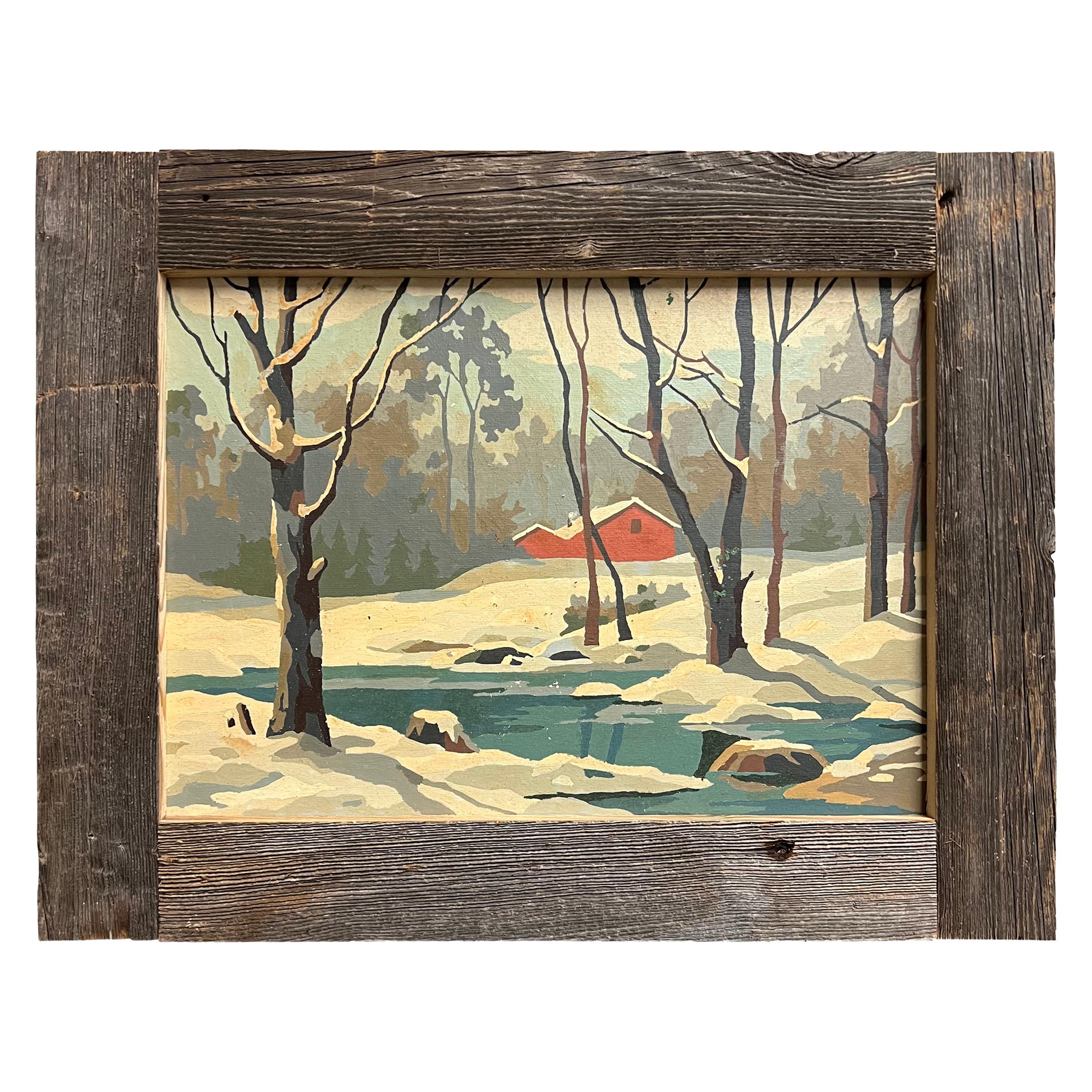 Mid-Century Modern Pair of Vintage American Paint-By-Number Winter Landscape Paintings For Sale