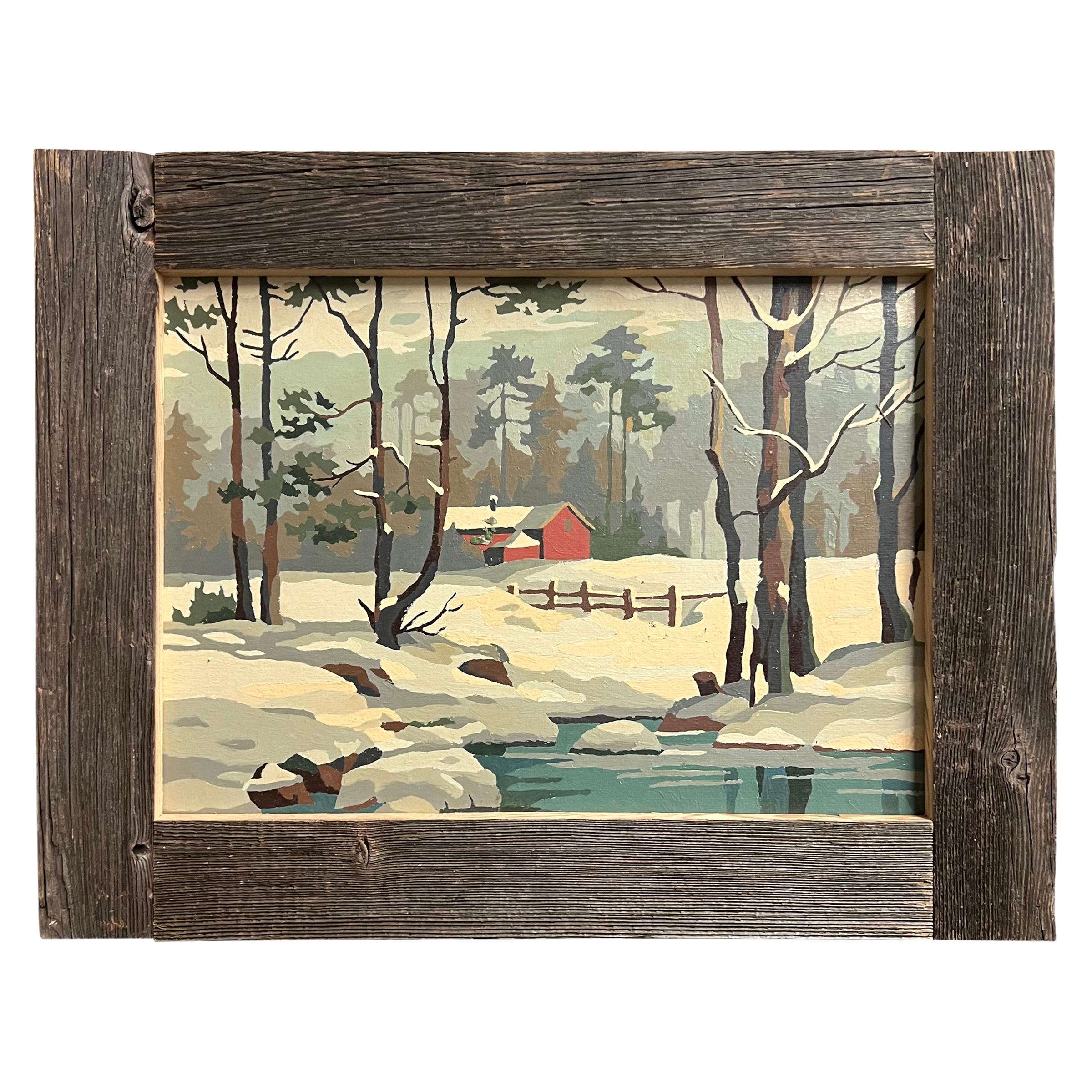 Pair of Vintage American Paint-By-Number Winter Landscape Paintings In Good Condition For Sale In Chicago, IL