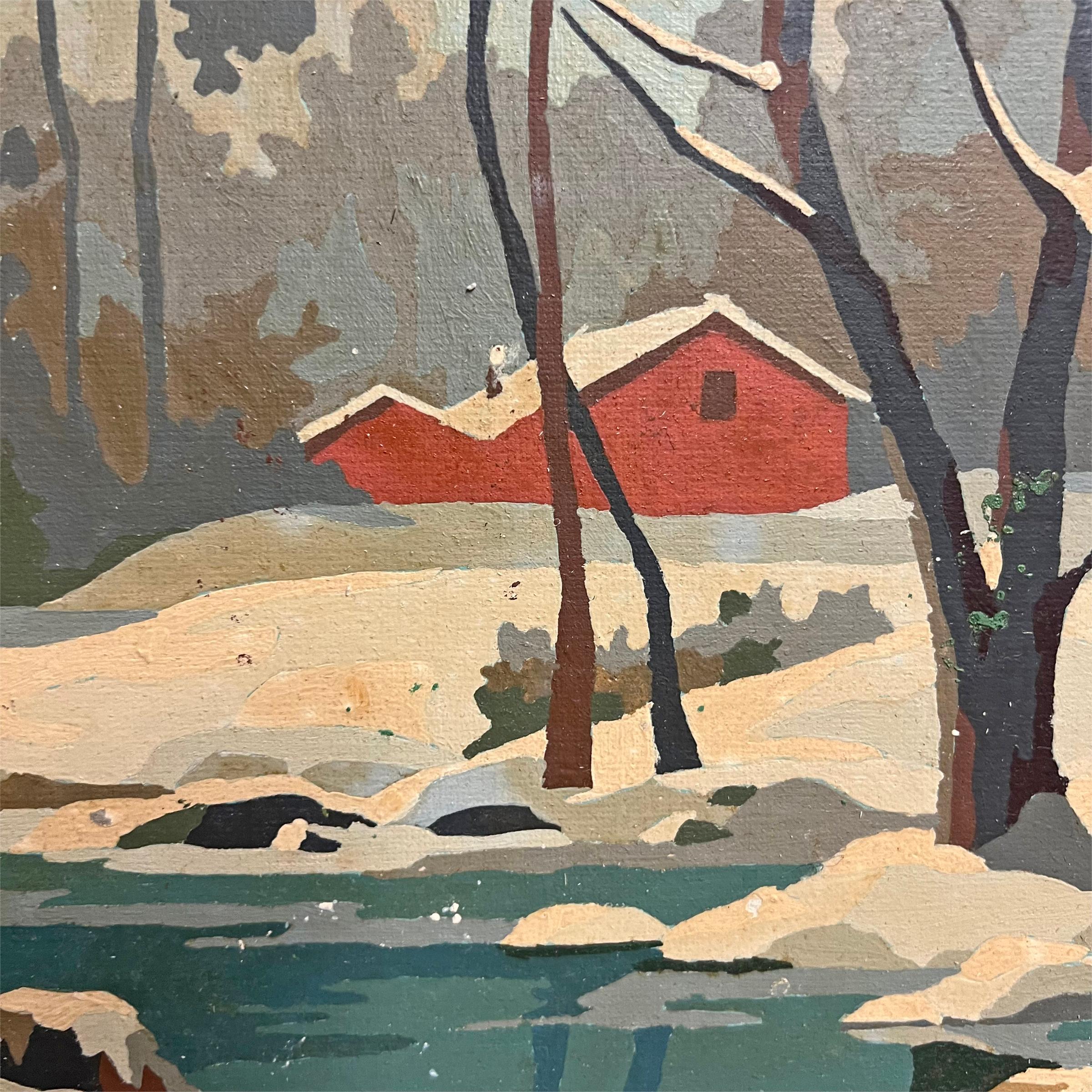 Pair of Vintage American Paint-By-Number Winter Landscape Paintings For Sale 2