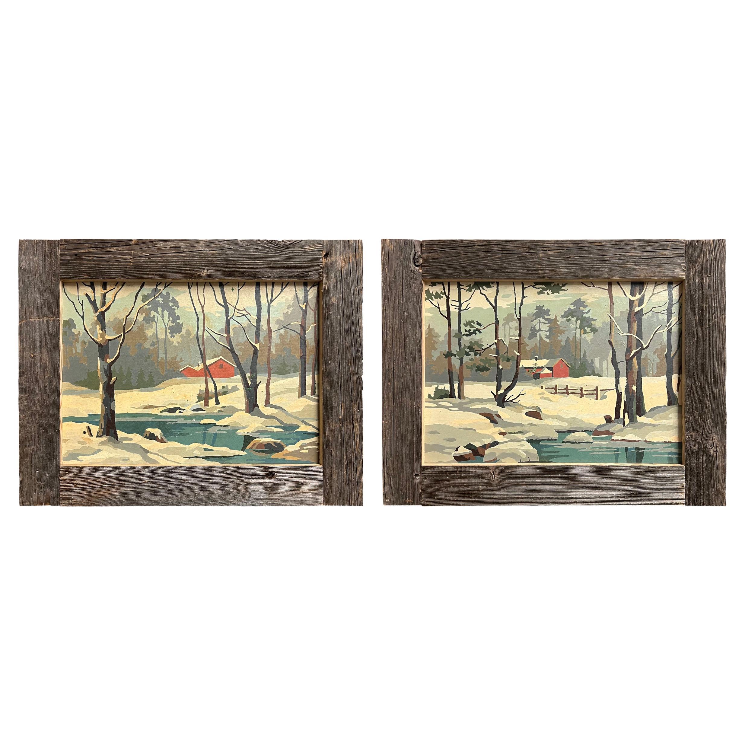 Pair of Vintage American Paint-By-Number Winter Landscape Paintings For Sale