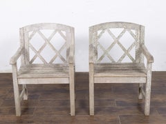 Pair of Vintage American Painted Teak Garden Armchairs with Lattice Backs
