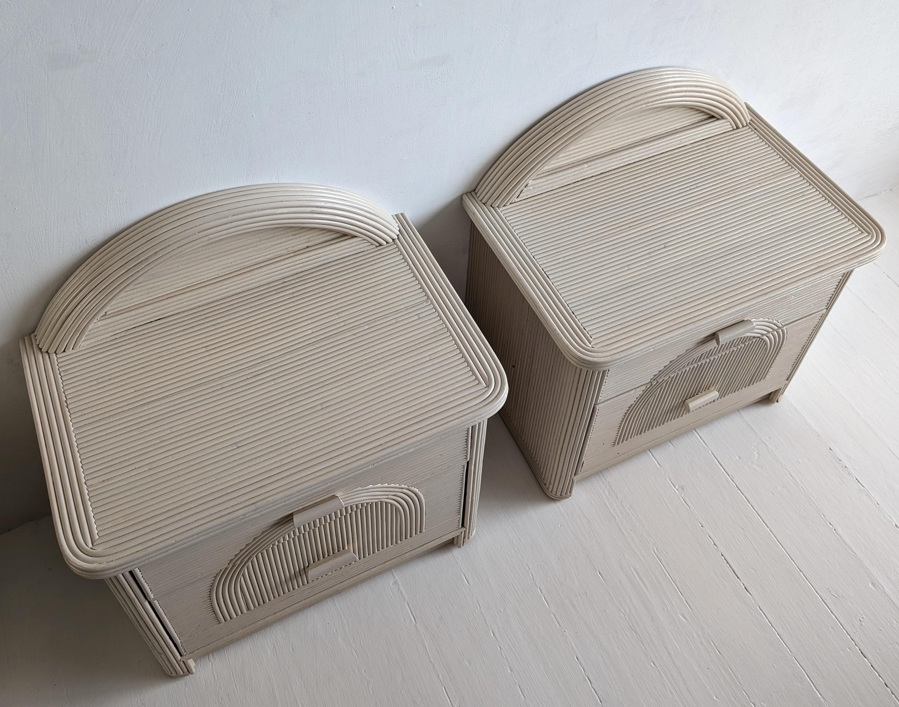 20th Century Pair of vintage American pencil reed / cane bedside cabinets with arched backs