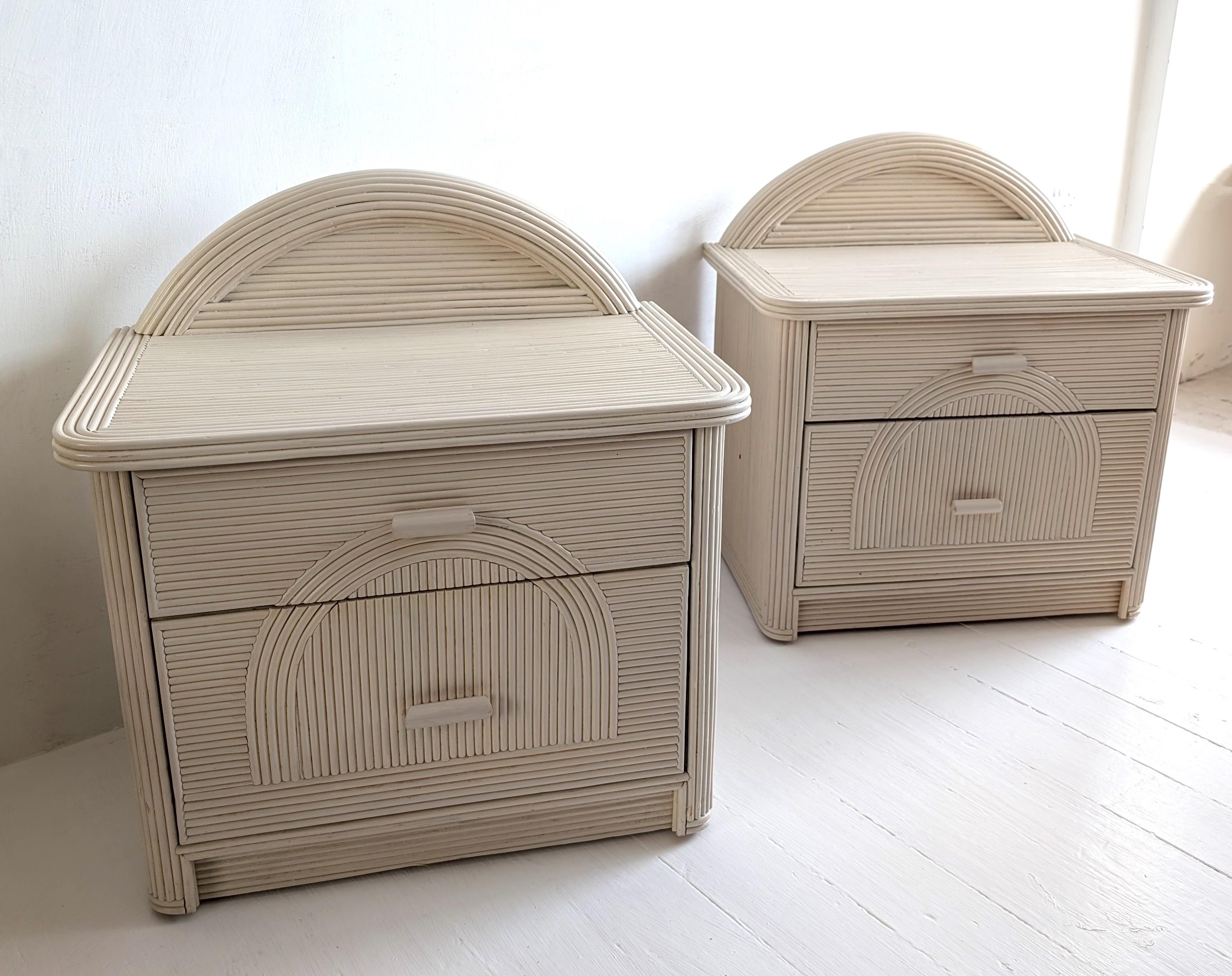 Pair of vintage American pencil reed / cane bedside cabinets with arched backs 1