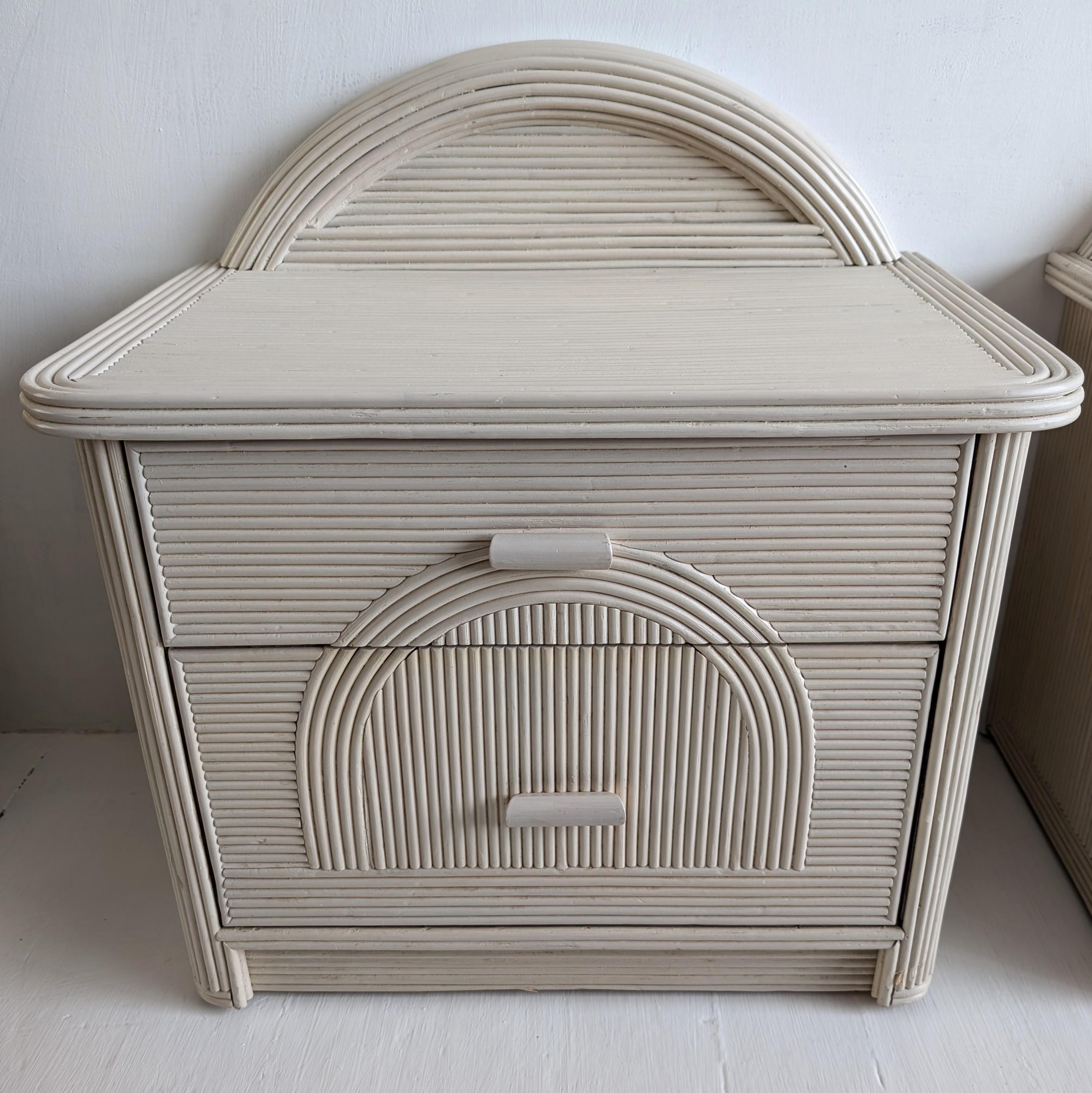 Pair of vintage American pencil reed / cane bedside cabinets with arched backs 2