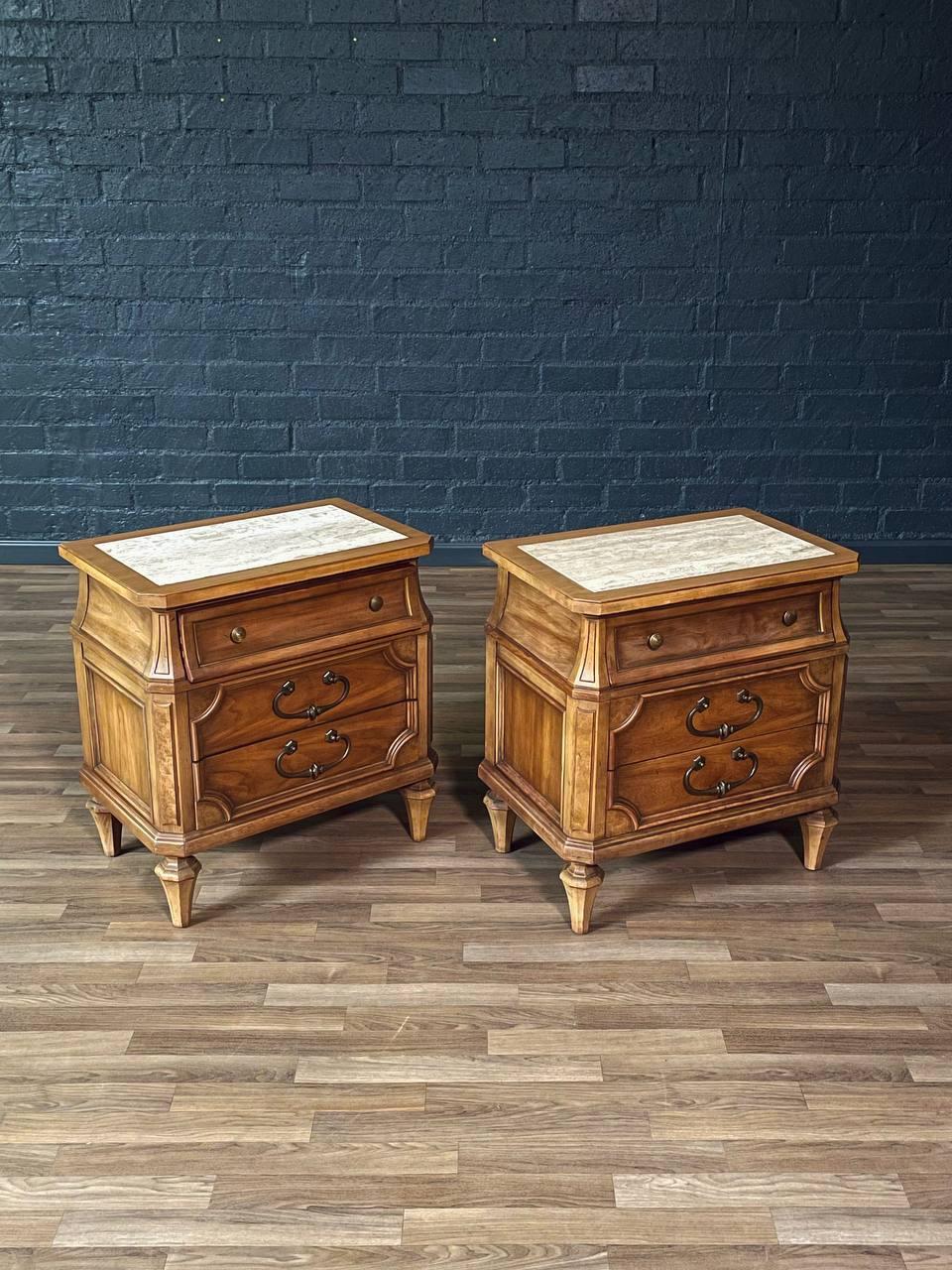 Condition: Original Vintage Condition
Materials: Elm Wood, Travertine
Style: American Traditional

This pair of vintage American traditional nightstands showcases timeless craftsmanship with solid elm wood construction and elegant travertine tops.