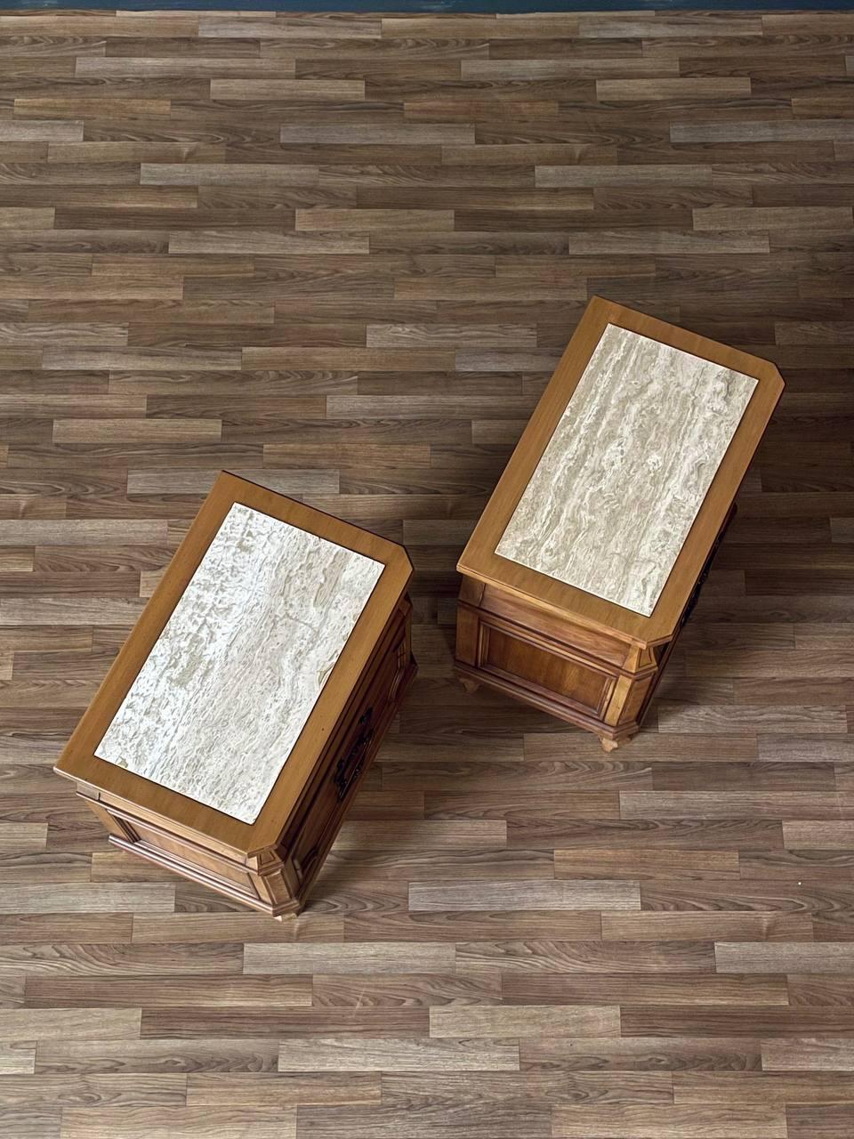 Mid-20th Century Pair of Vintage American Traditional Night Stands w/ Travertine Tops For Sale