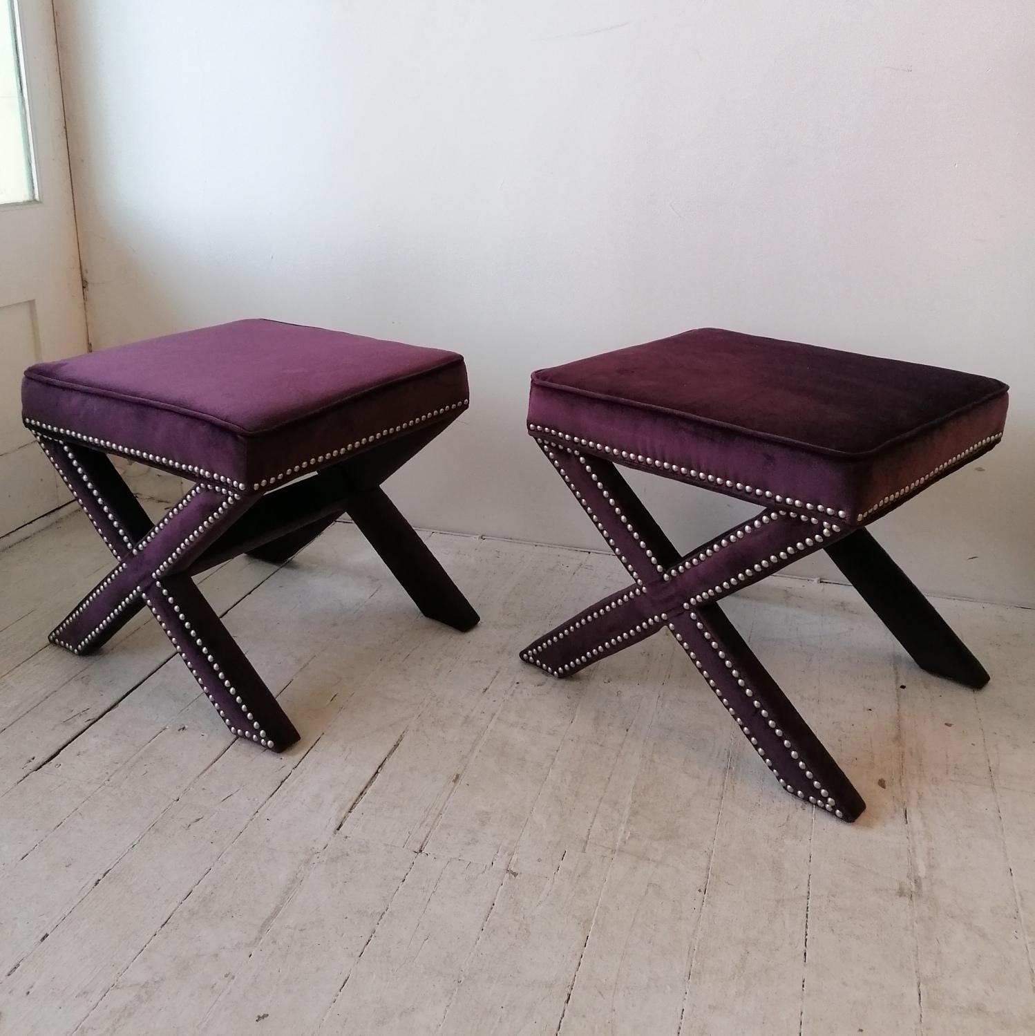 Pair of Vintage American x Base Studded Purple Velvet Foot Stools, USA, 1980s In Good Condition In Hastings, GB