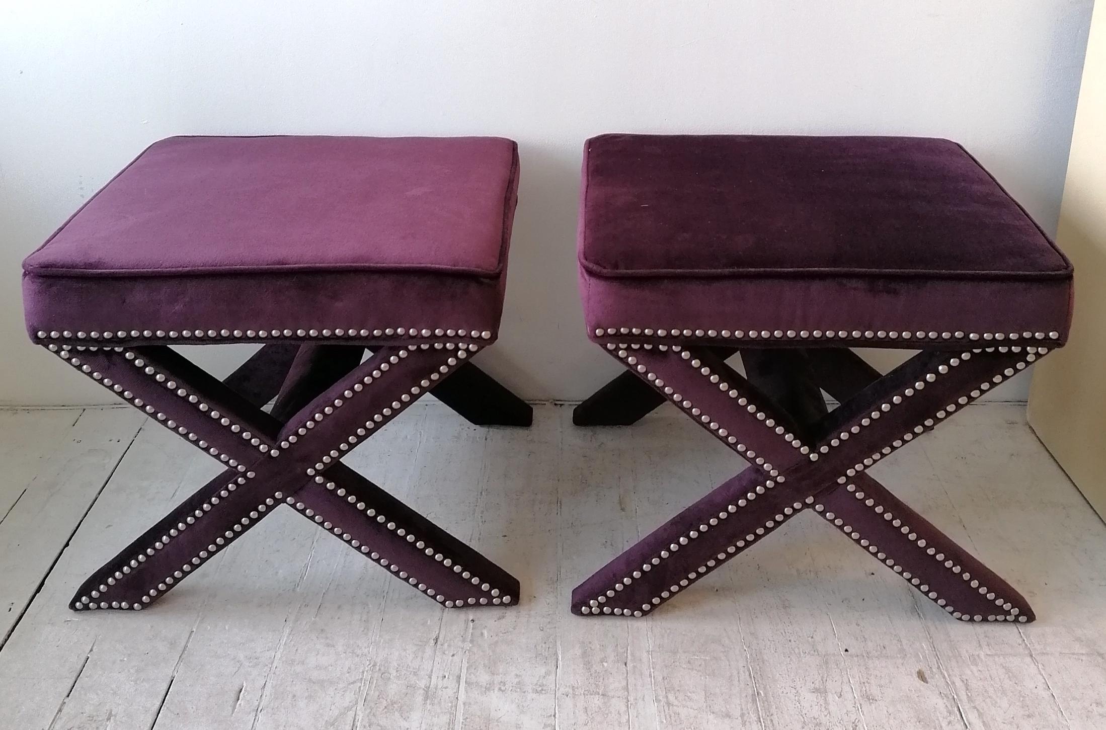 Late 20th Century Pair of Vintage American x Base Studded Purple Velvet Foot Stools, USA, 1980s