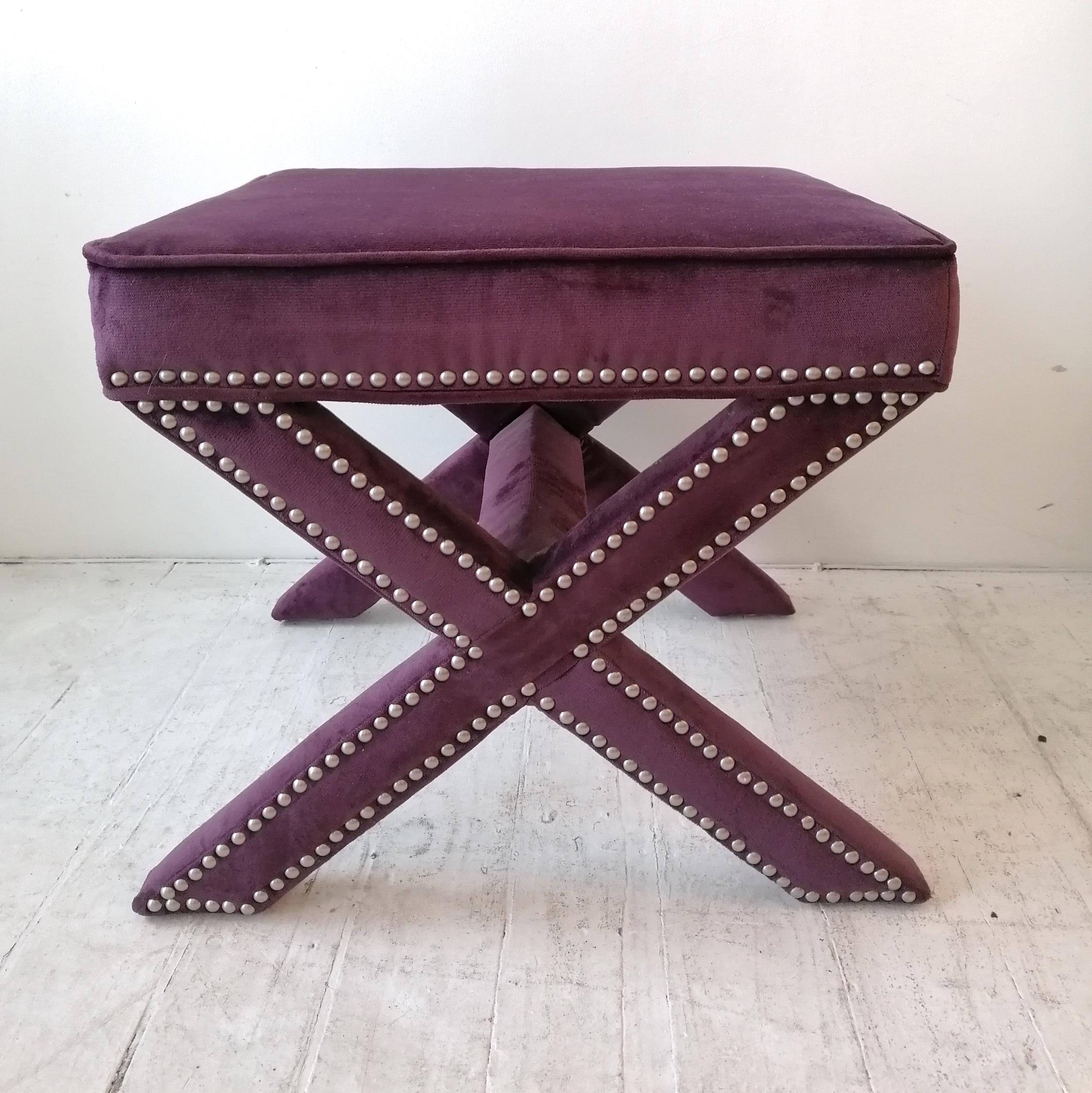 Pair of Vintage American x Base Studded Purple Velvet Foot Stools, USA, 1980s 1