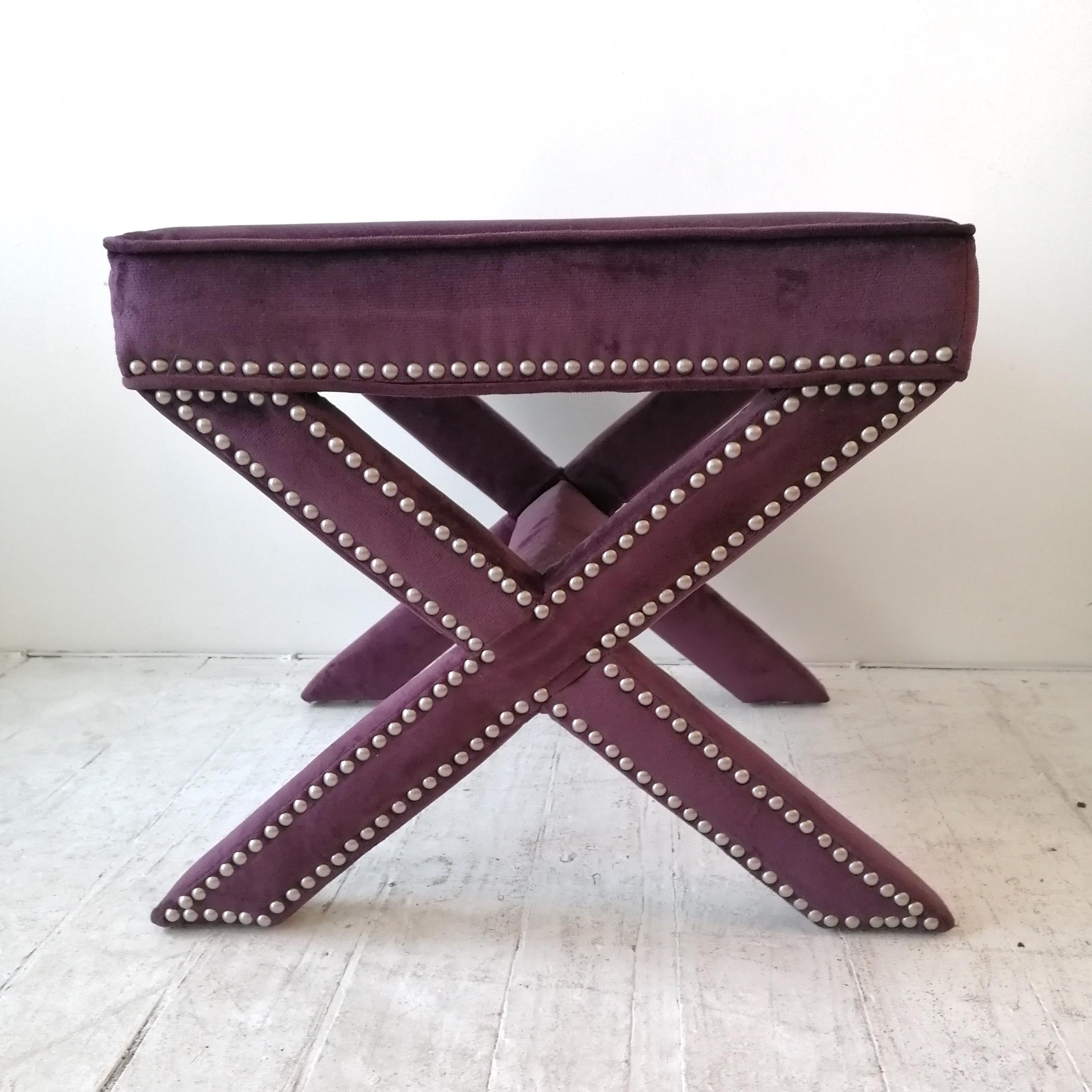 Pair of Vintage American x Base Studded Purple Velvet Foot Stools, USA, 1980s 2