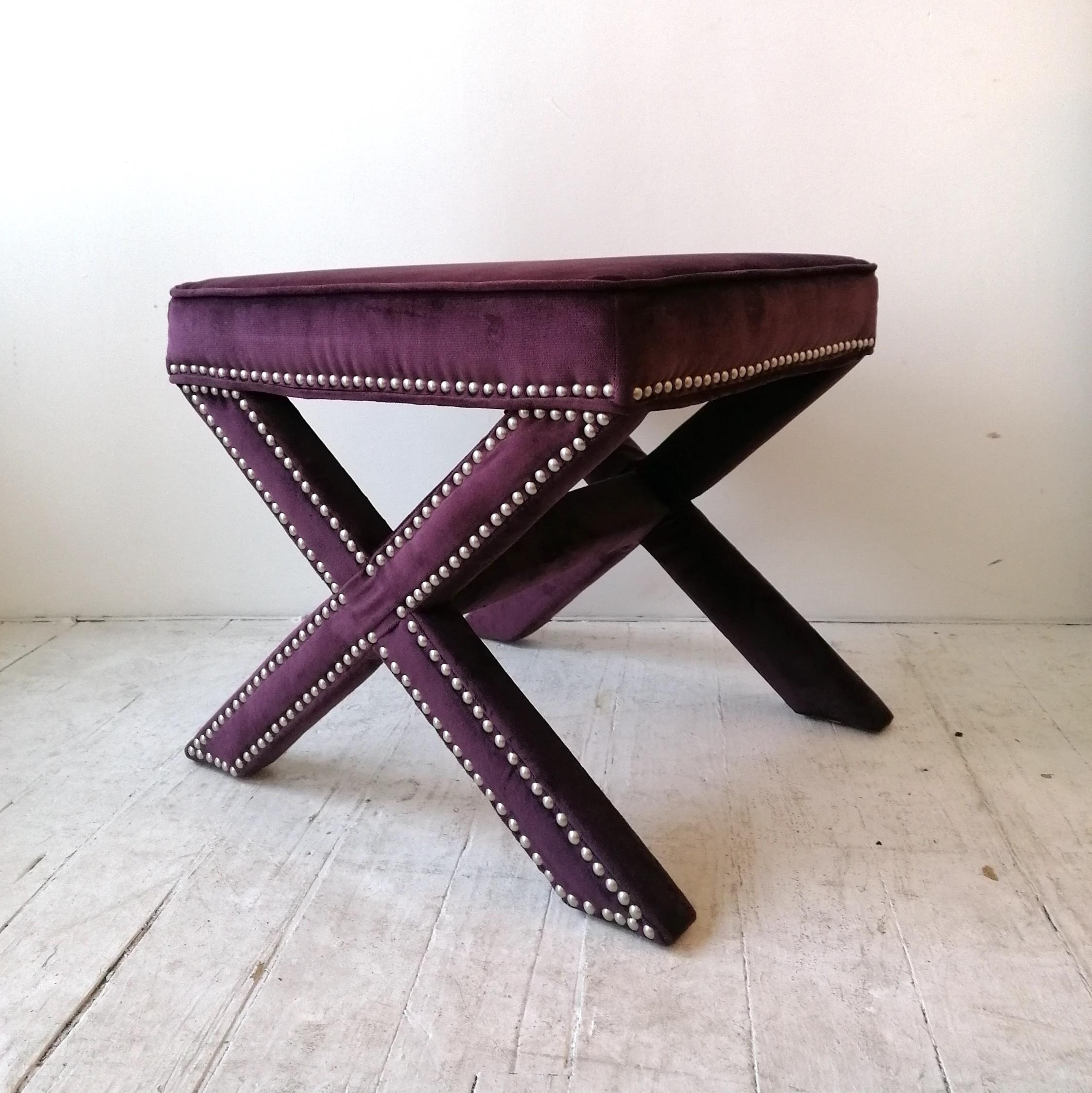 Pair of Vintage American x Base Studded Purple Velvet Foot Stools, USA, 1980s 3