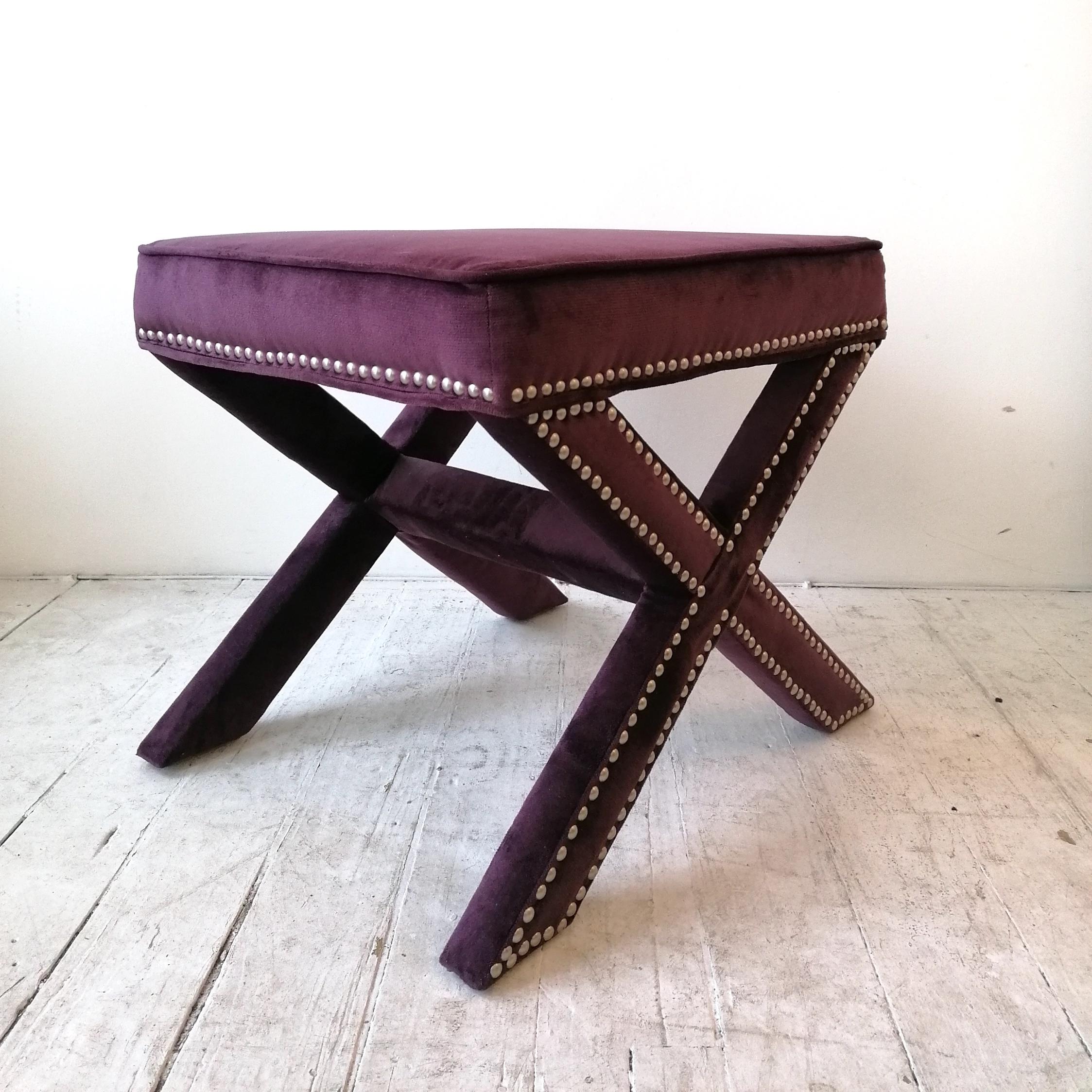 Pair of Vintage American x Base Studded Purple Velvet Foot Stools, USA, 1980s 4