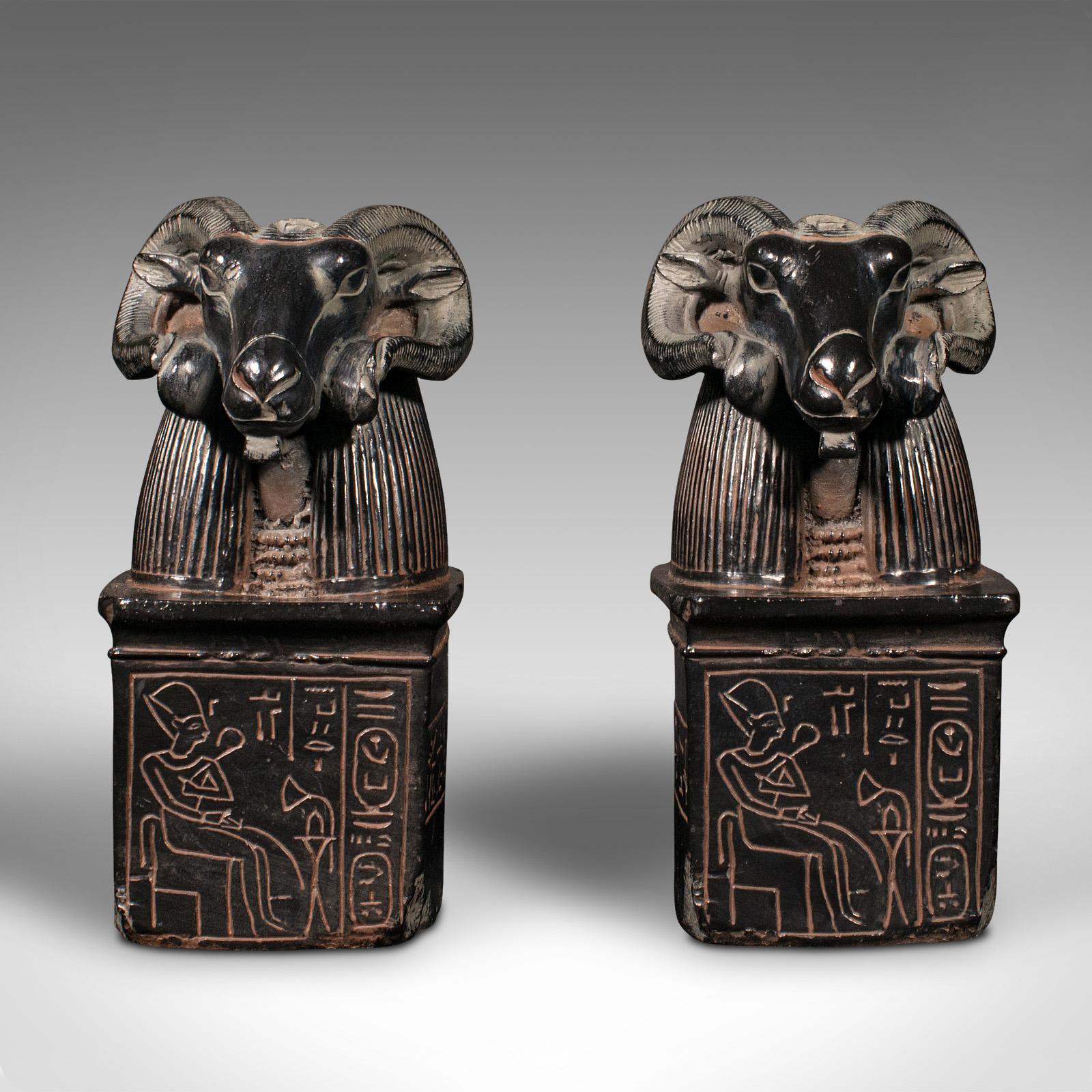 This is a pair of vintage Amun statuary bookends. An Egyptian, stone resin decorative book rest of historic interest, dating to the late 20th century.

Pleasingly weighted, quality bookends with a depiction of the Ram God, Amun
Displaying a