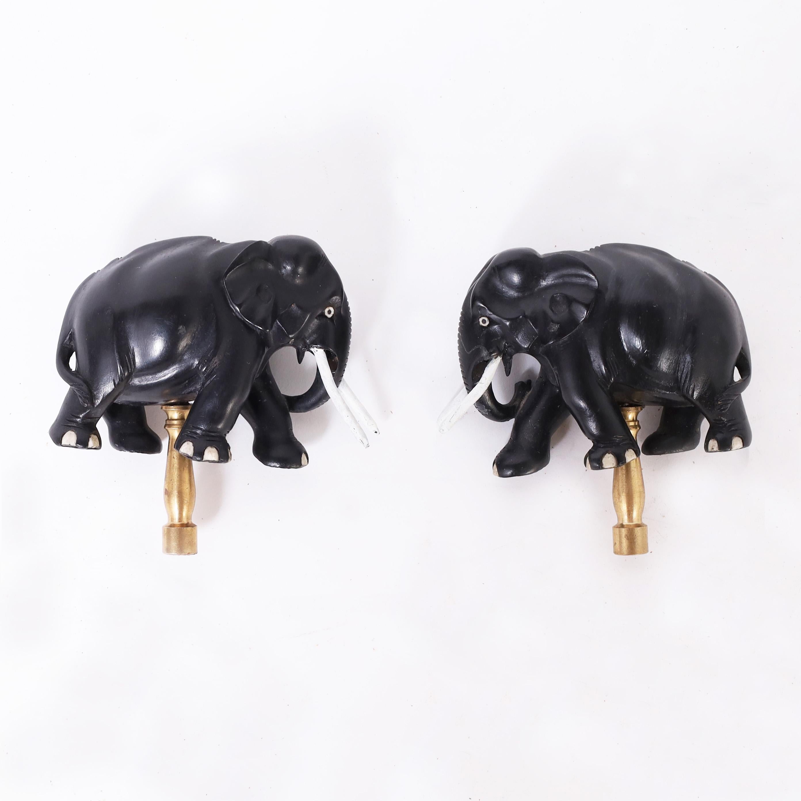 Pair of Vintage Anglo Indian Elephant Lamp Finials In Good Condition In Palm Beach, FL