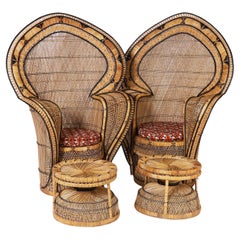 Pair of Vintage Anglo Indian Peacock Chairs and Ottomans