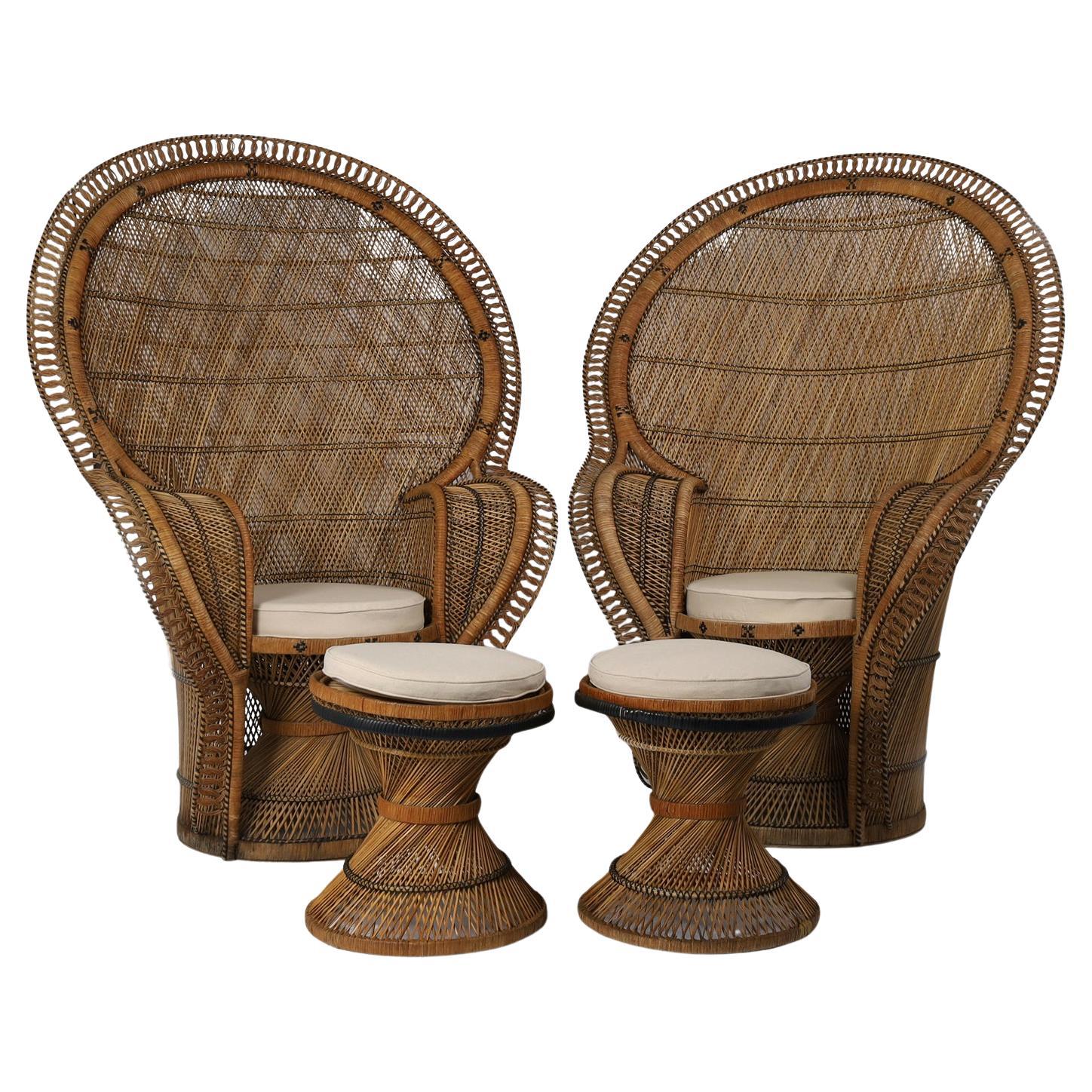 Pair of Vintage Anglo Indian Peacock Chairs with Matching Ottomans