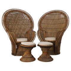 Coppia di sedie anglo-indiane Peacock d'epoca con ottomani coordinati