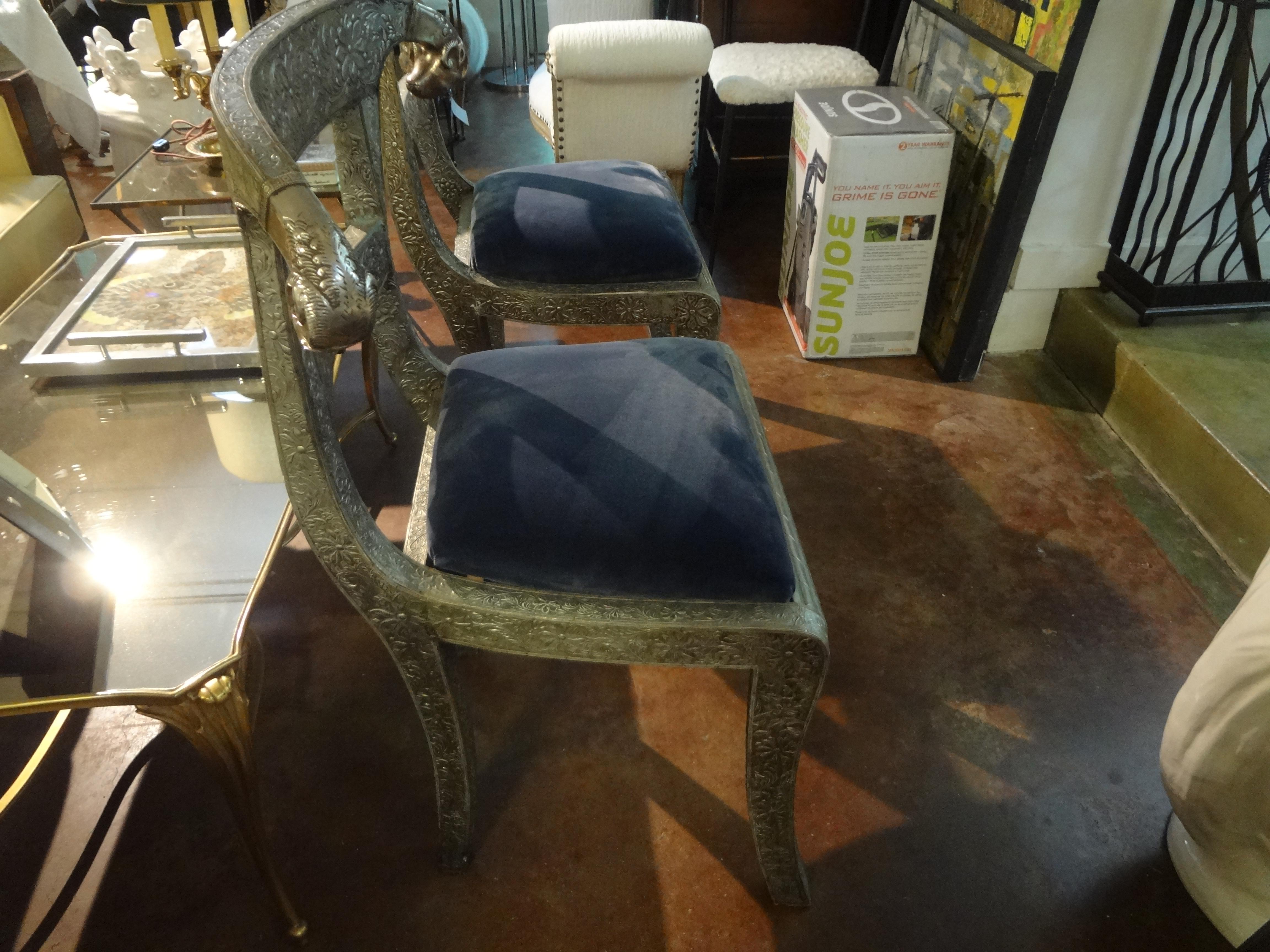 Pair of Vintage Anglo-Indian Silver Clad Dowry Wedding Chairs with Ram's Heads In Good Condition In Houston, TX