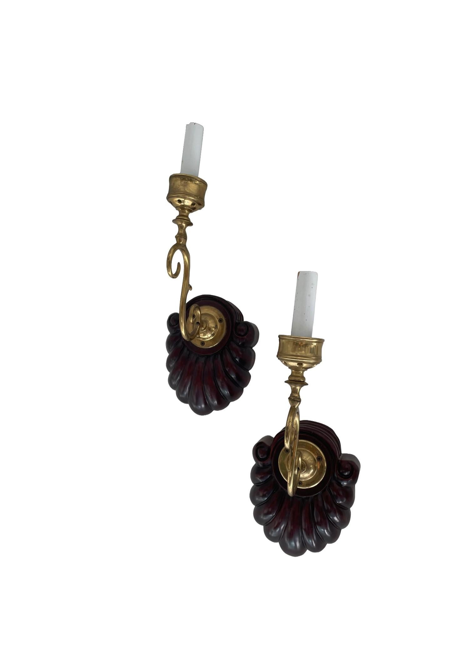 English Pair of Vintage Anglo-Indian Wood and Brass Electrified Wall Sconces For Sale