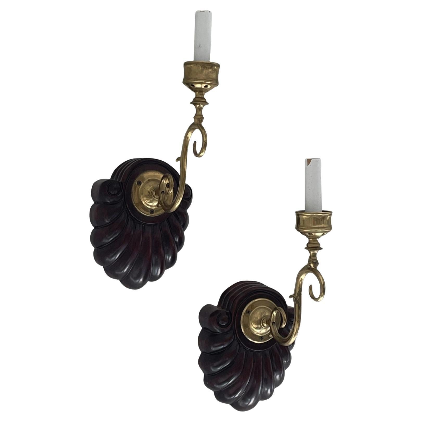 Pair of Vintage Anglo-Indian Wood and Brass Electrified Wall Sconces For Sale