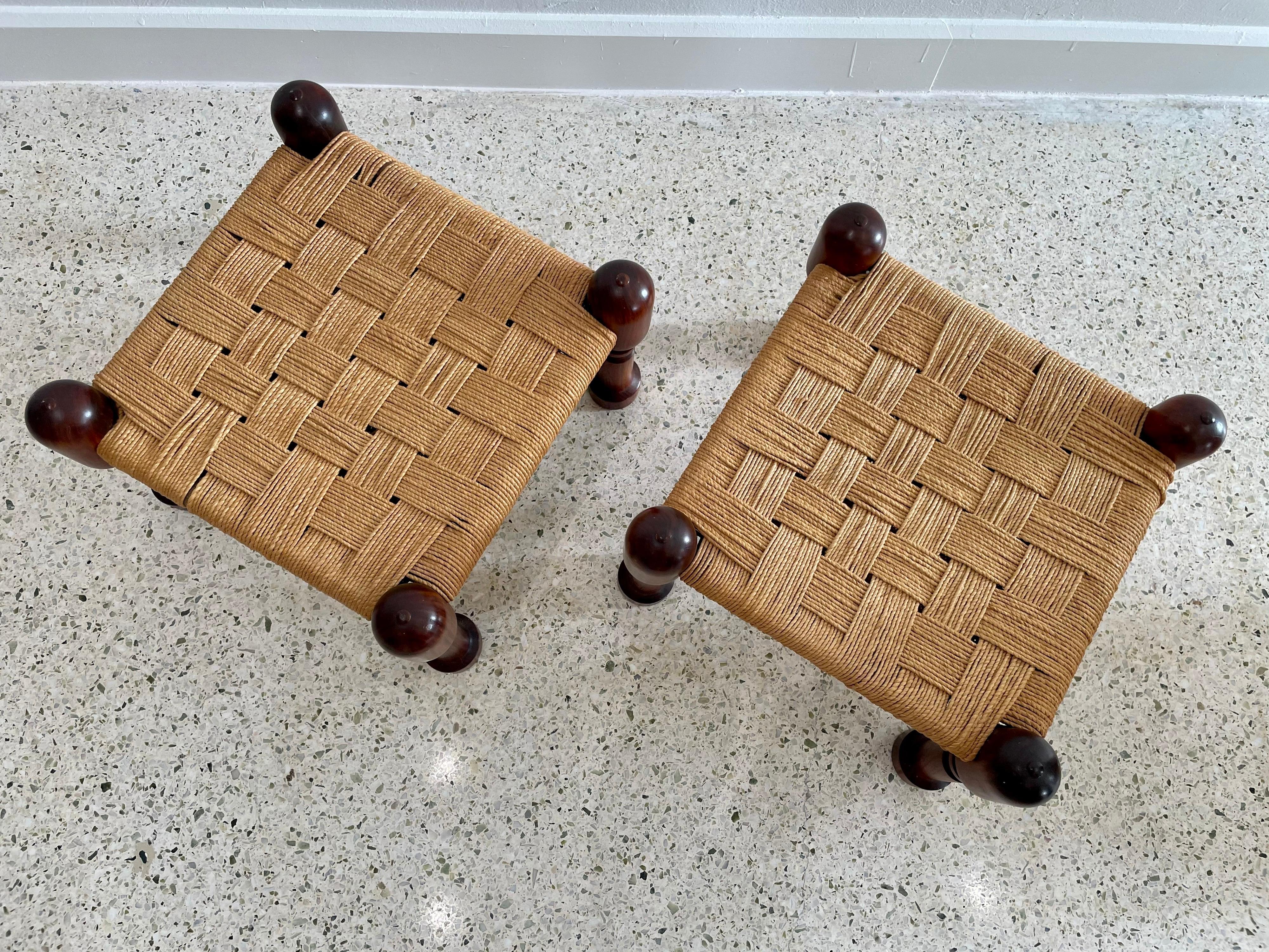 Traditional antique Indian low wooden stool with woven jute. Very Perriand style - great additional seating!