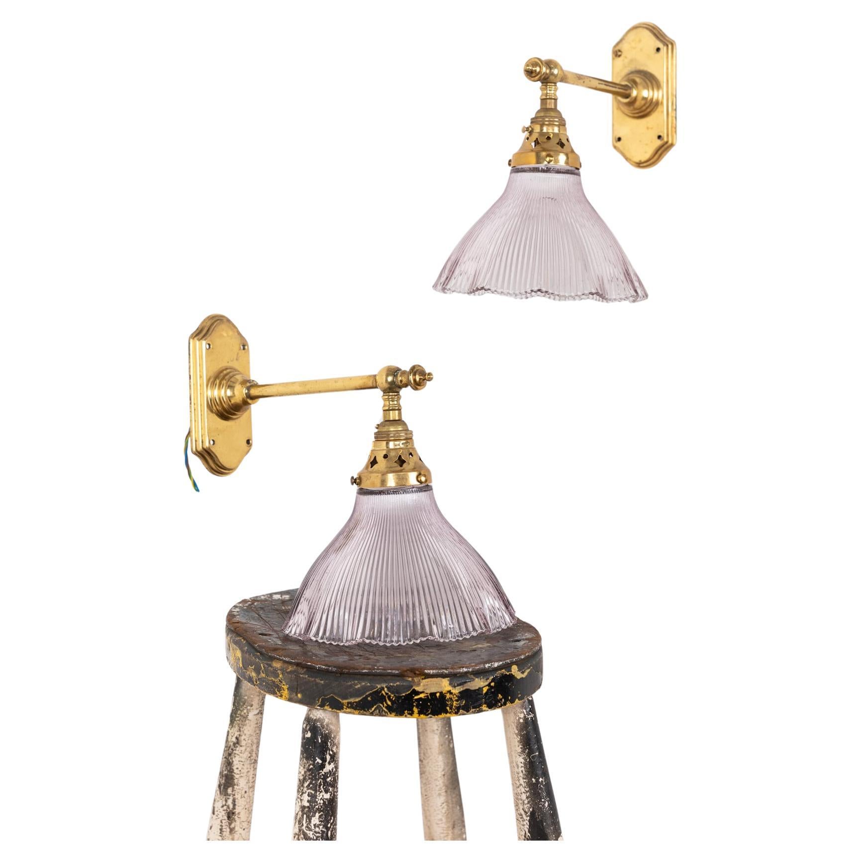 Pair of Vintage Antique Brass Holophane Wall Lamp Sconce Lights, c.1930 For Sale