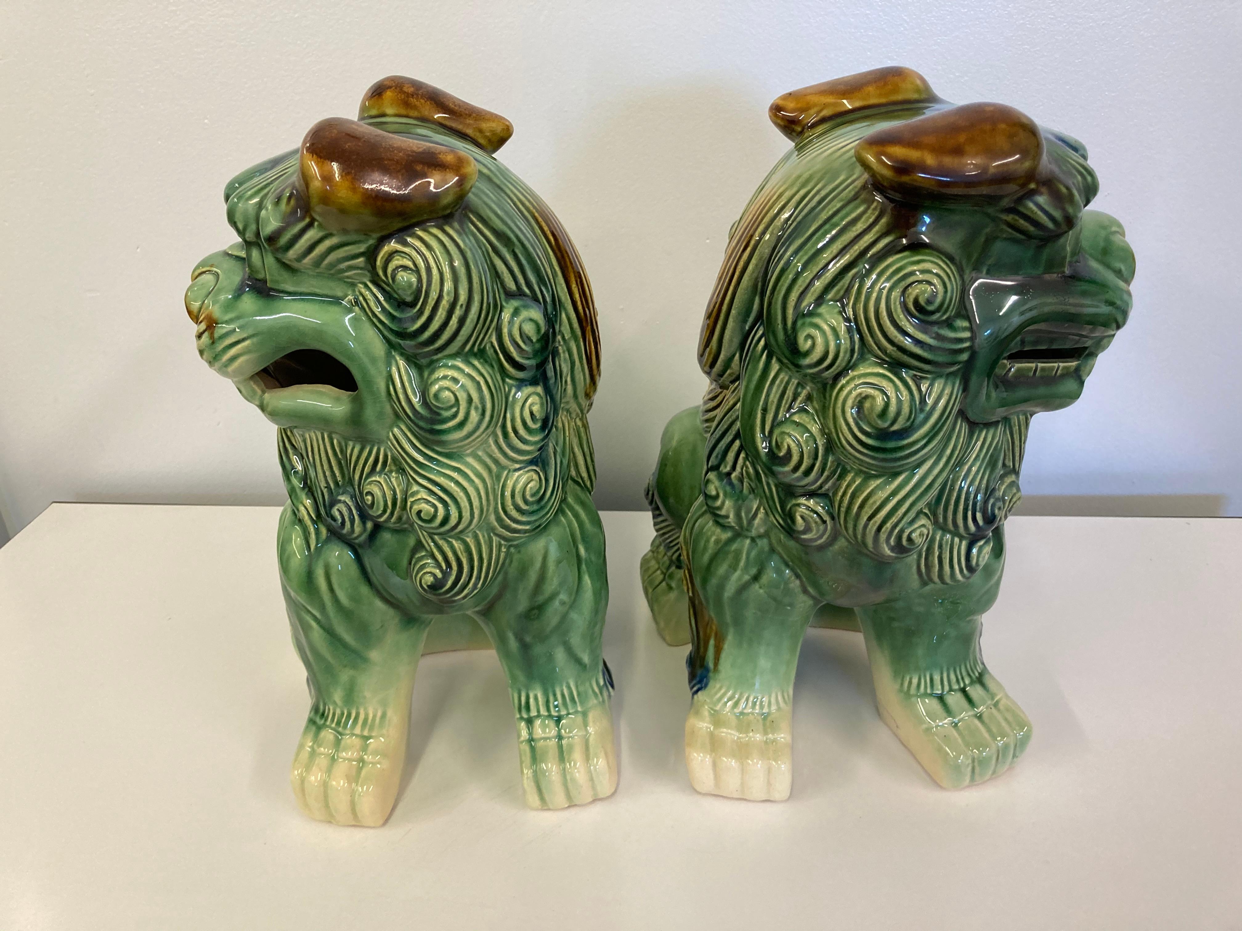 Ming Pair of Vintage/Antique Chinese Porcelain Glazed Foo Dogs Temple Guardians