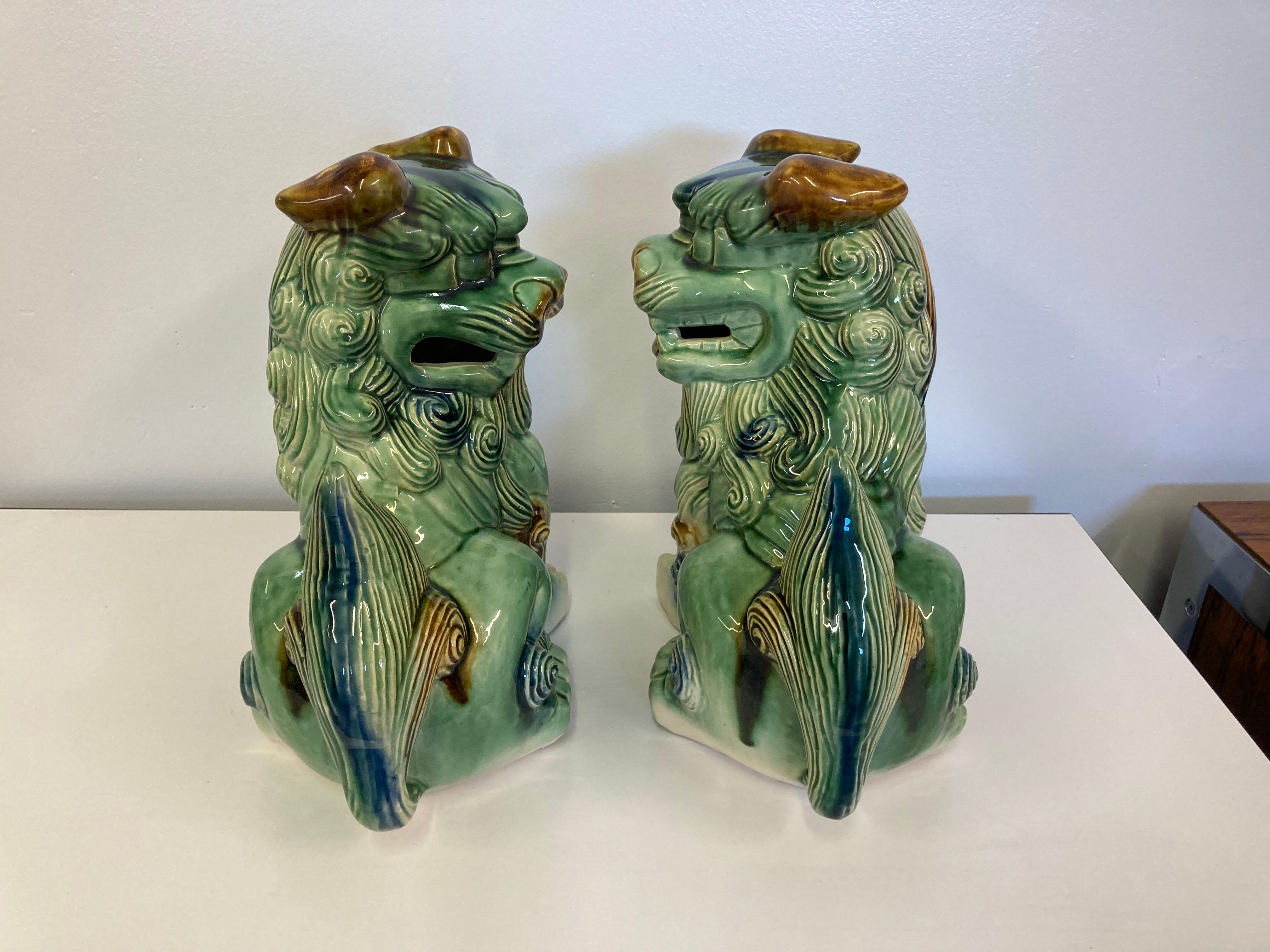 20th Century Pair of Vintage/Antique Chinese Porcelain Glazed Foo Dogs Temple Guardians
