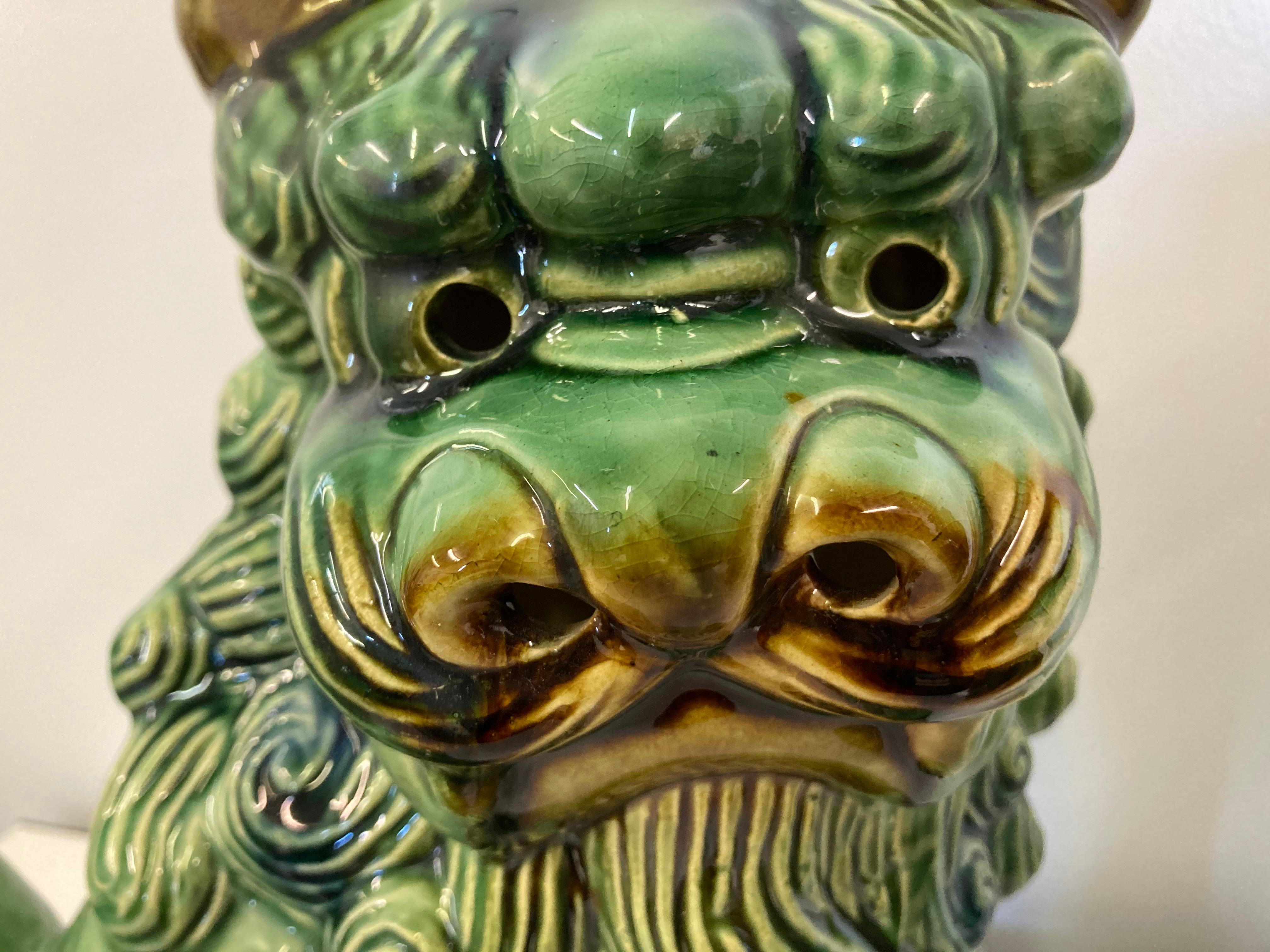 Pair of Vintage/Antique Chinese Porcelain Glazed Foo Dogs Temple Guardians 2
