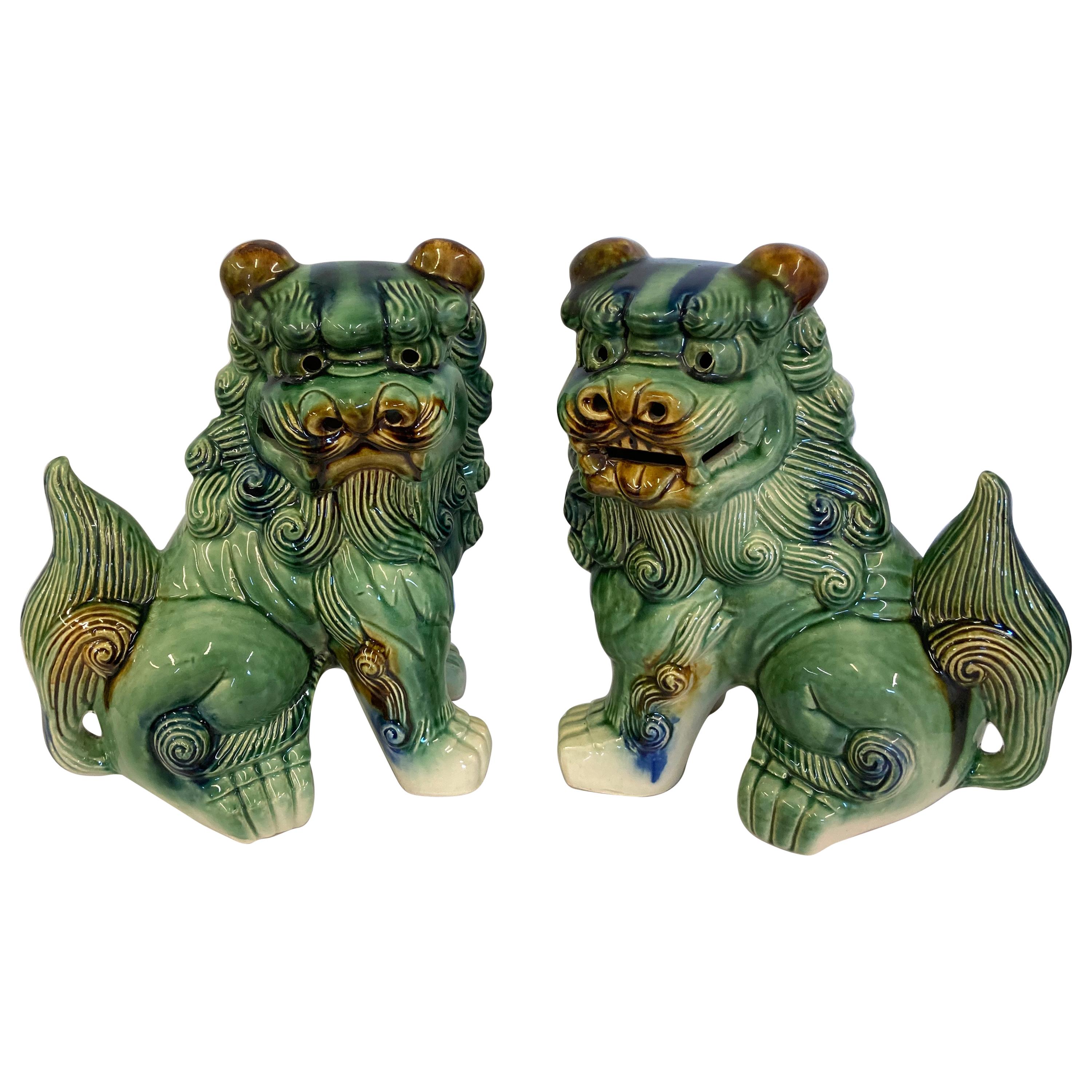 Pair of Vintage/Antique Chinese Porcelain Glazed Foo Dogs Temple Guardians